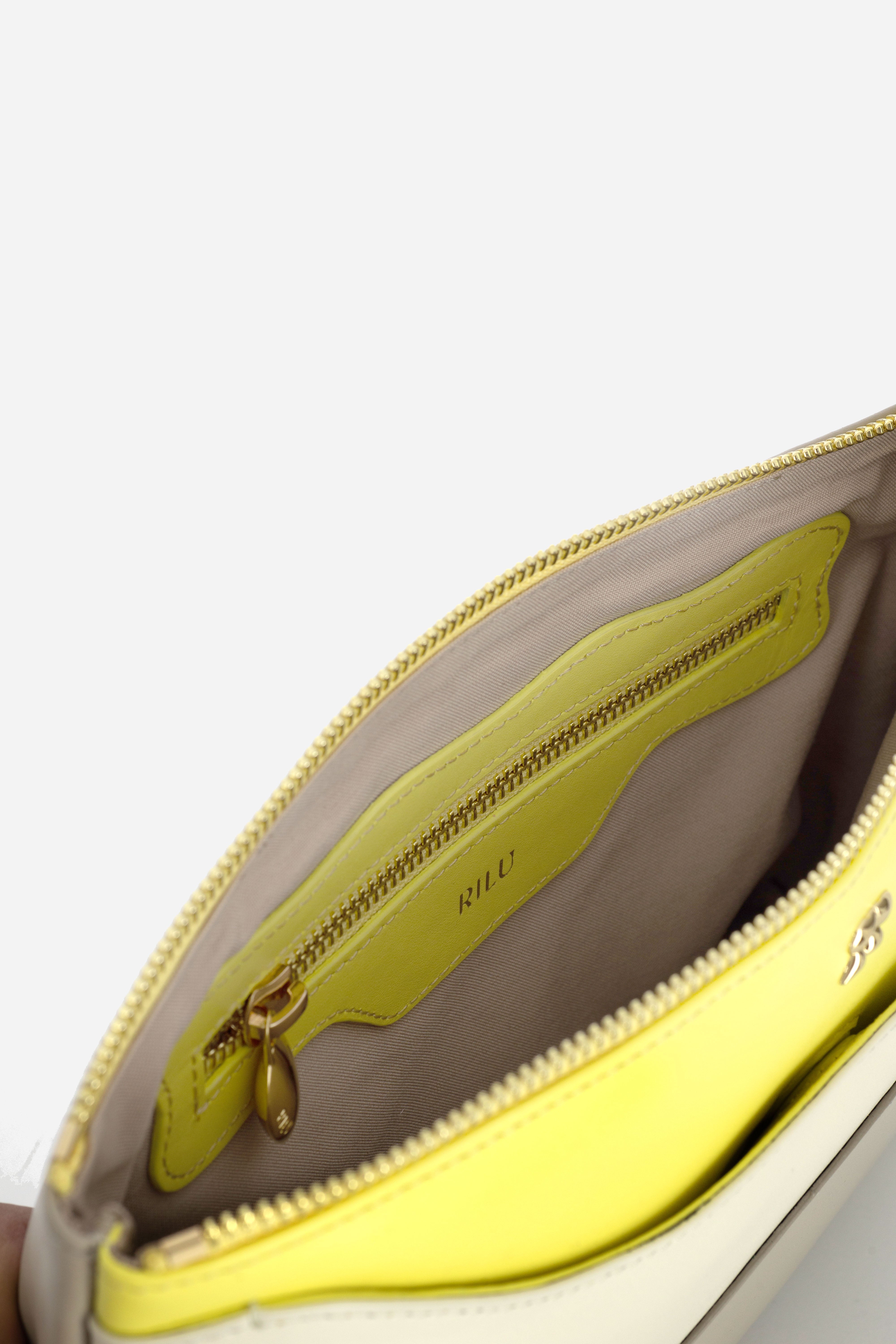 Ivy Stone Gray-Ivory-Yellow Butter Leather Clutch