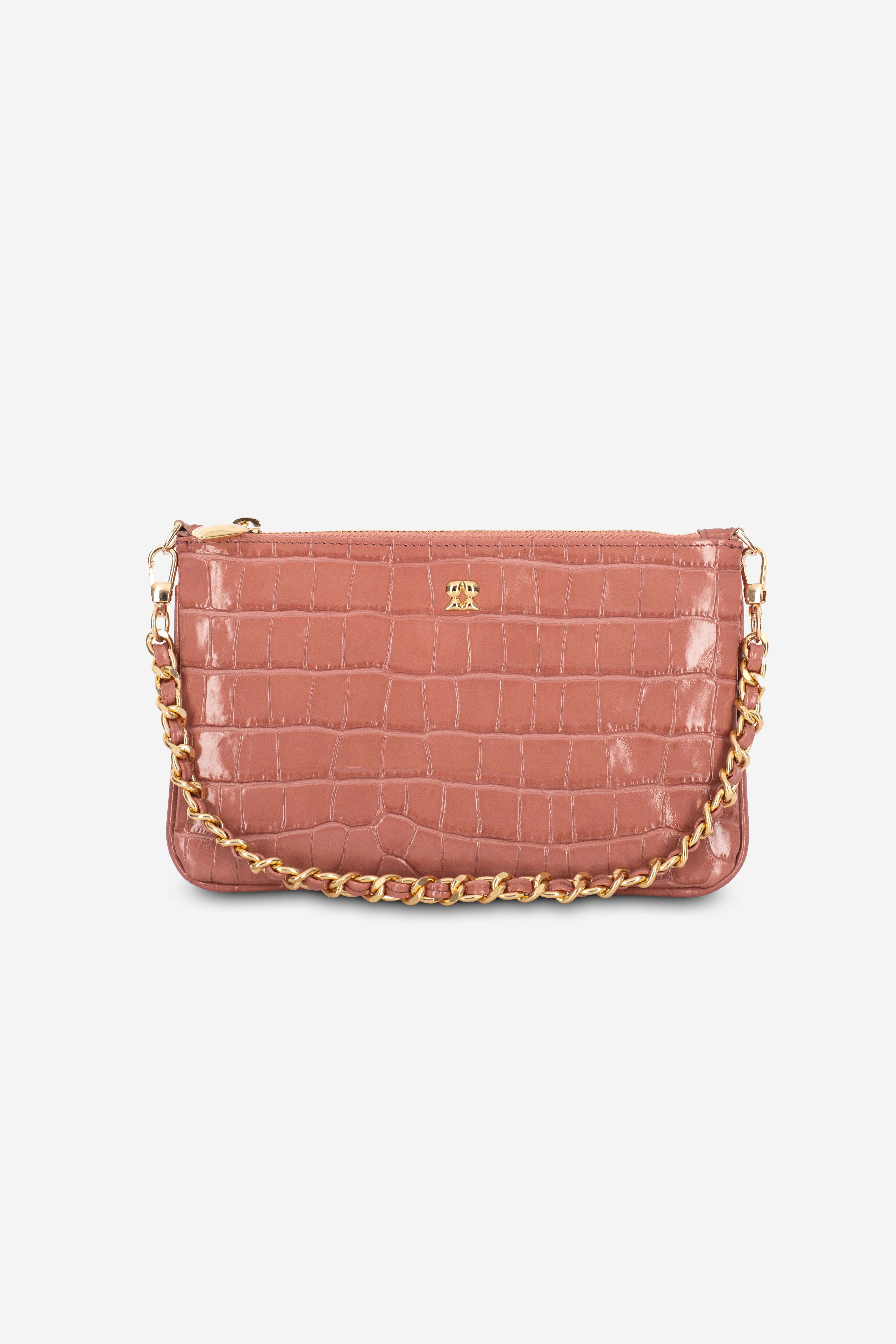 KAIA SALMON CROCO PRINT CHAIN CLUTCH LEATHER BAG