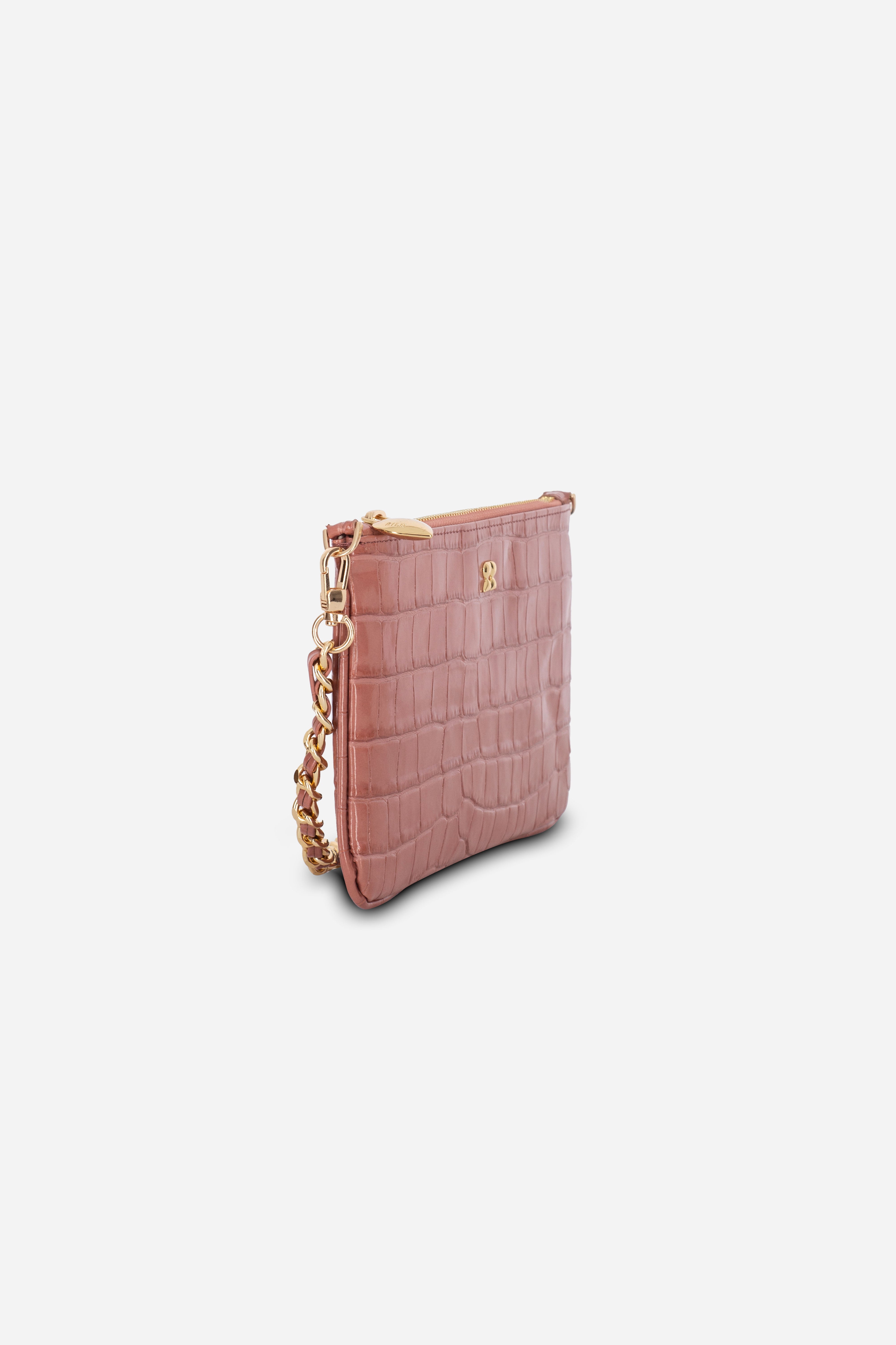 KAIA SALMON CROCO PRINT CHAIN CLUTCH LEATHER BAG