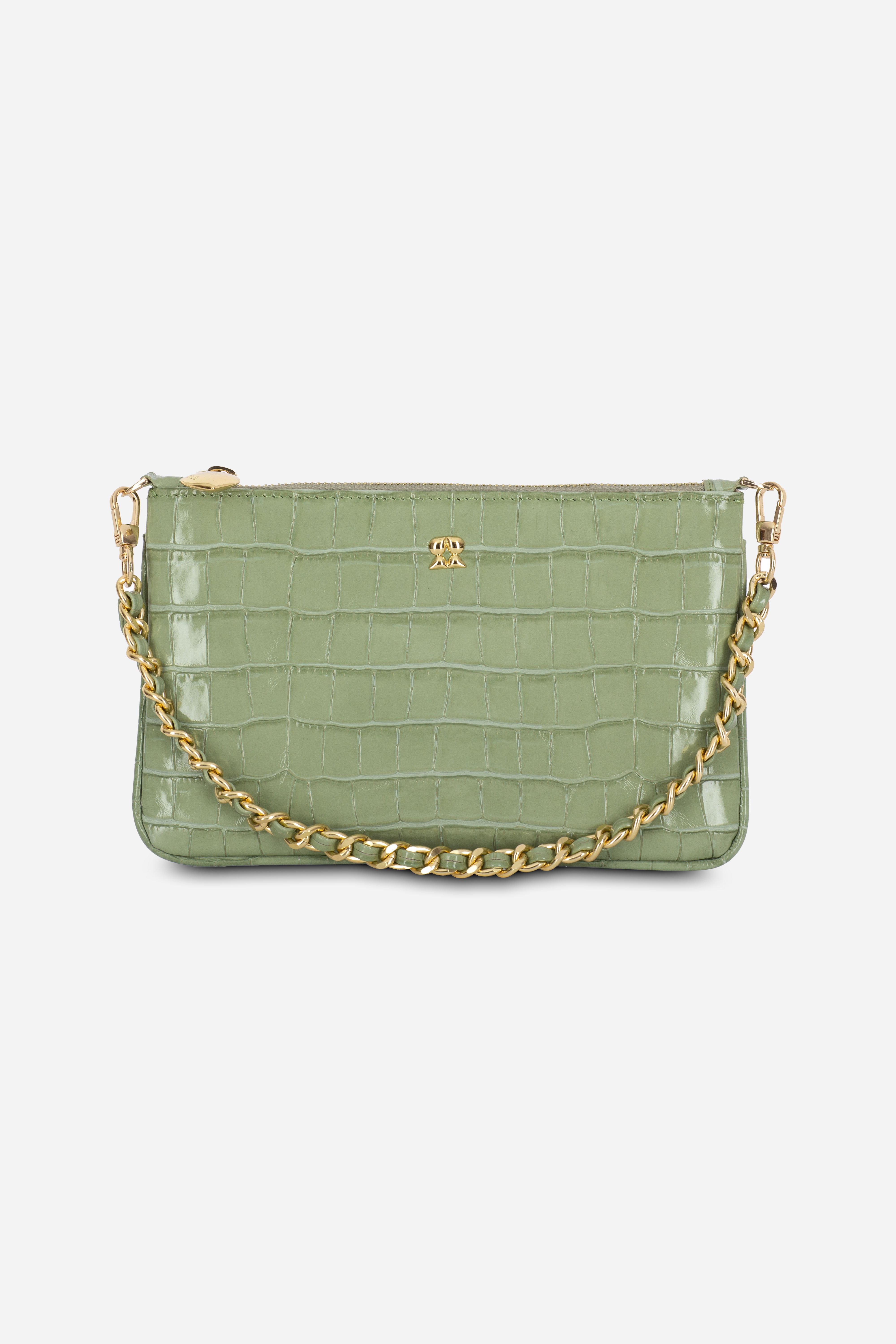 KAIA SALMON GREEN PRINT CHAIN CLUTCH LEATHER BAG