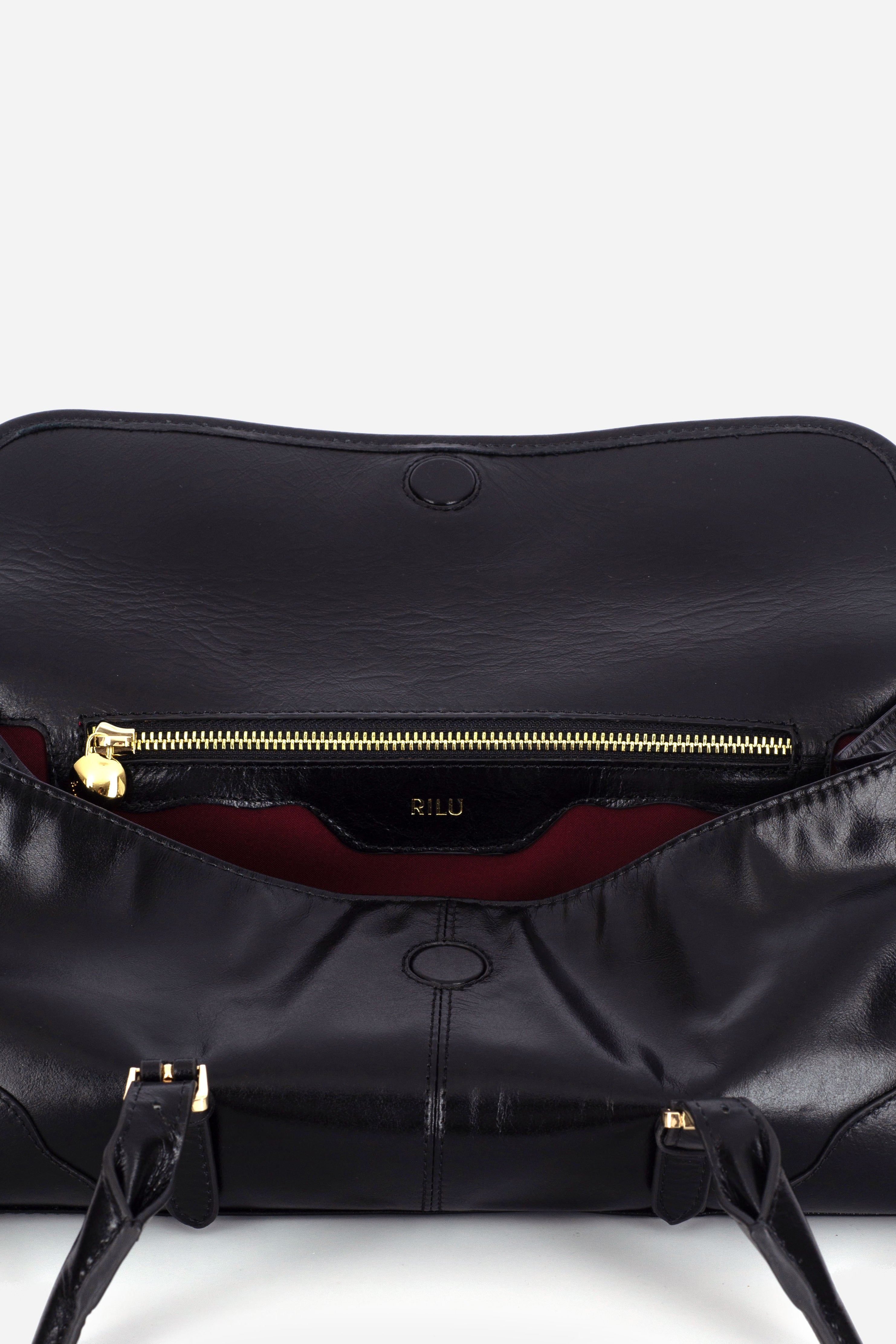 Rilu Amara black leather shoulder bag close-up of thoughtful detail