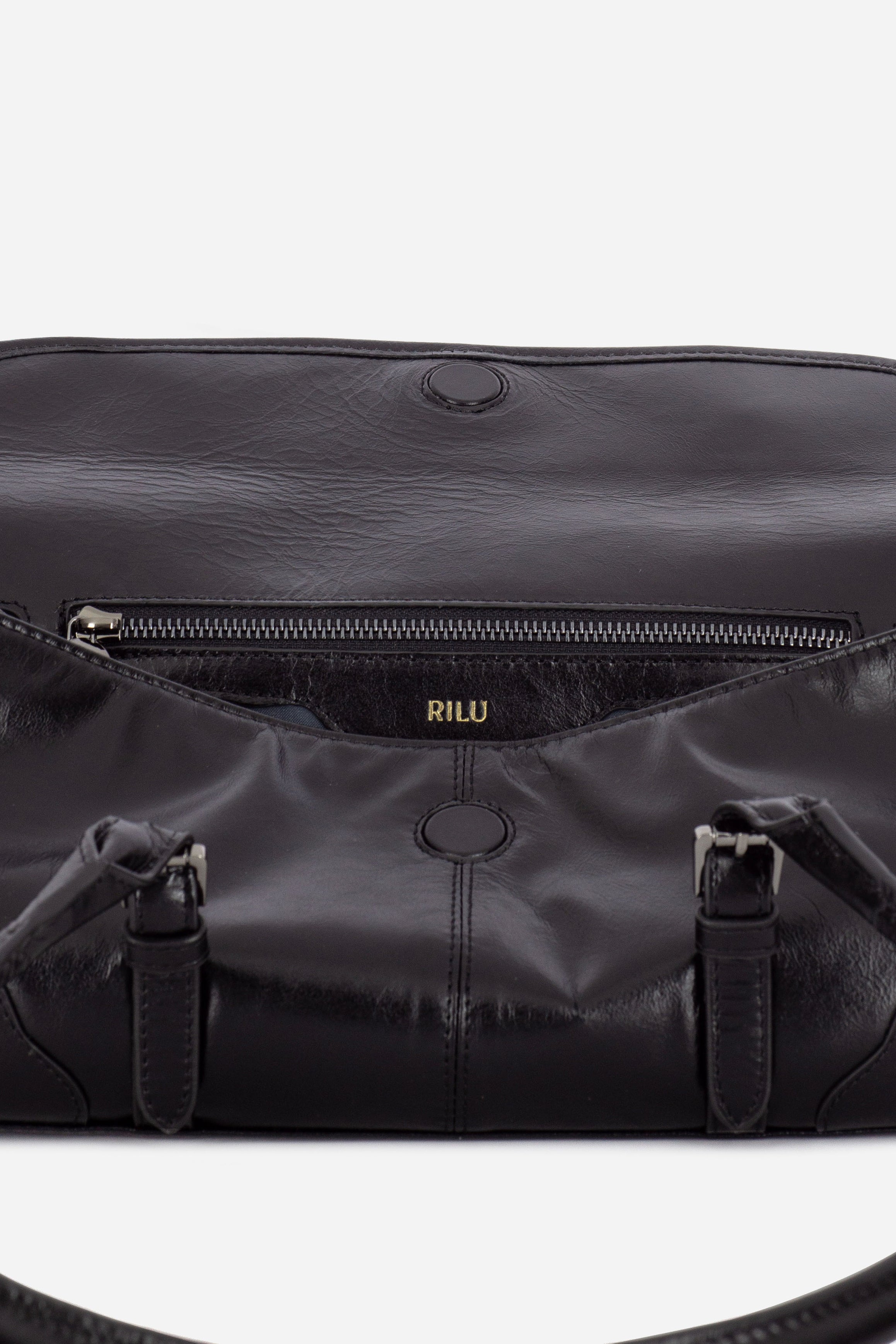 Rilu Amara black leather shoulder bag close-up of thoughtful detail