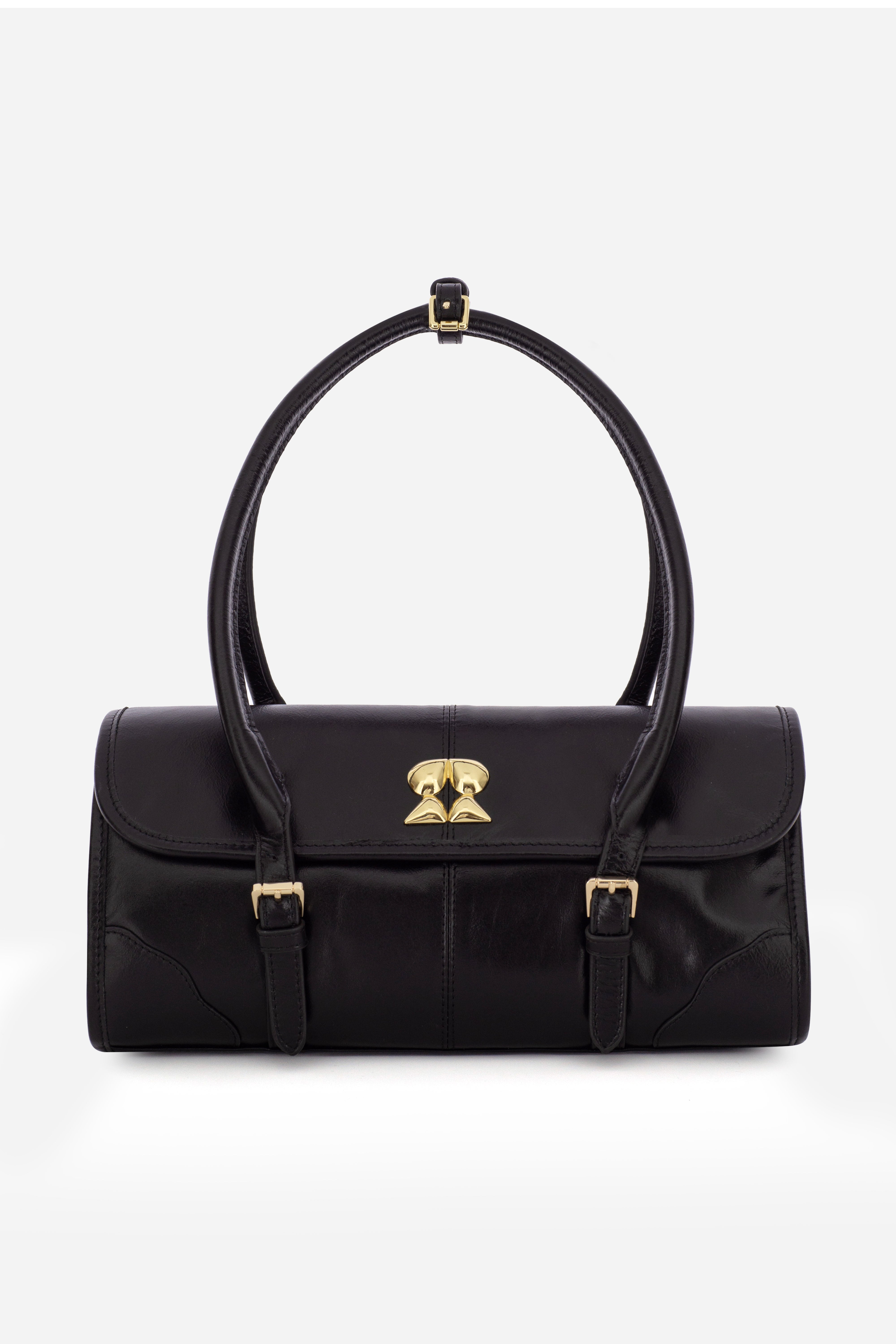 Rilu Amara black leather shoulder bag front view with sleek design view