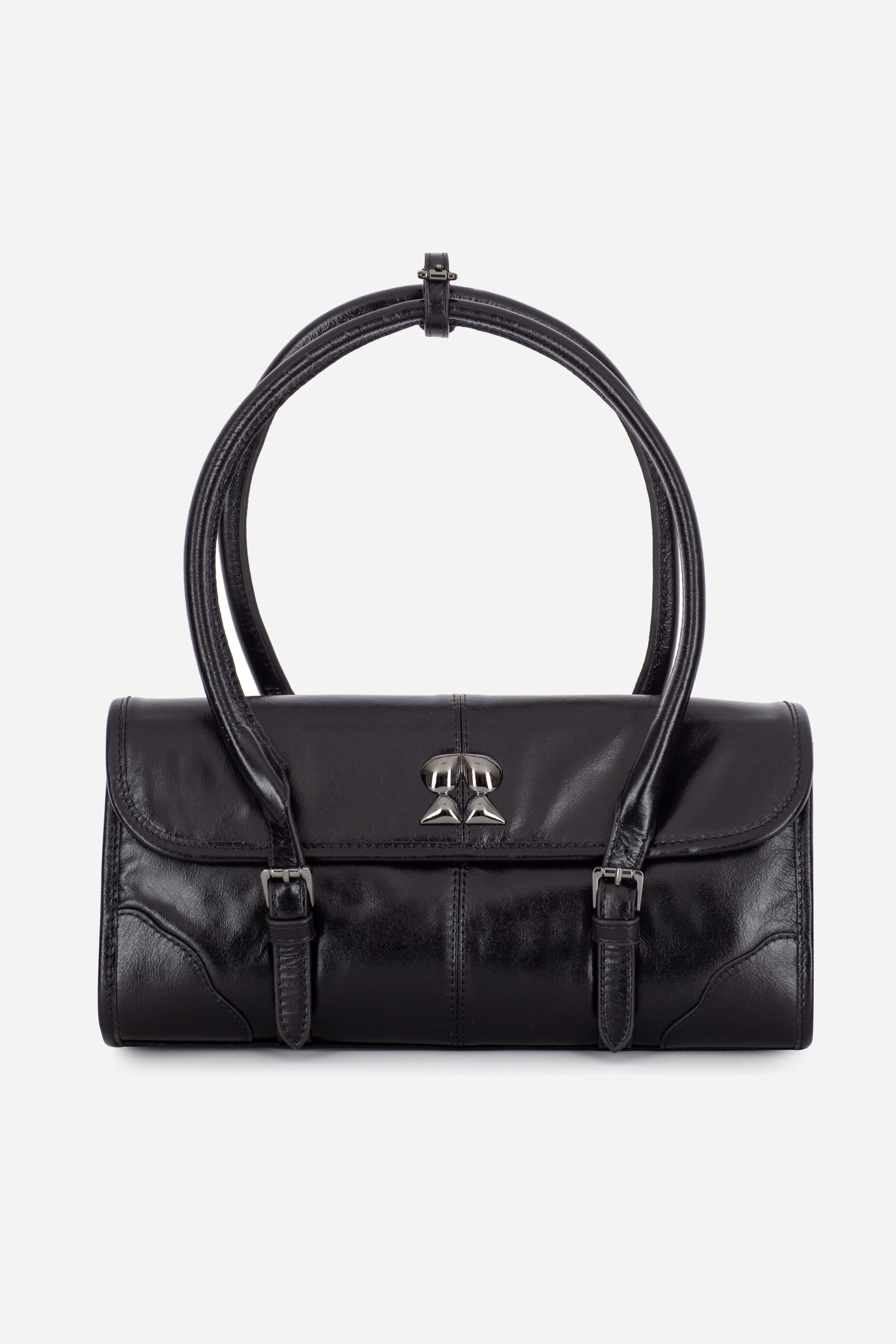 Rilu Amara black leather shoulder bag front view with sleek design