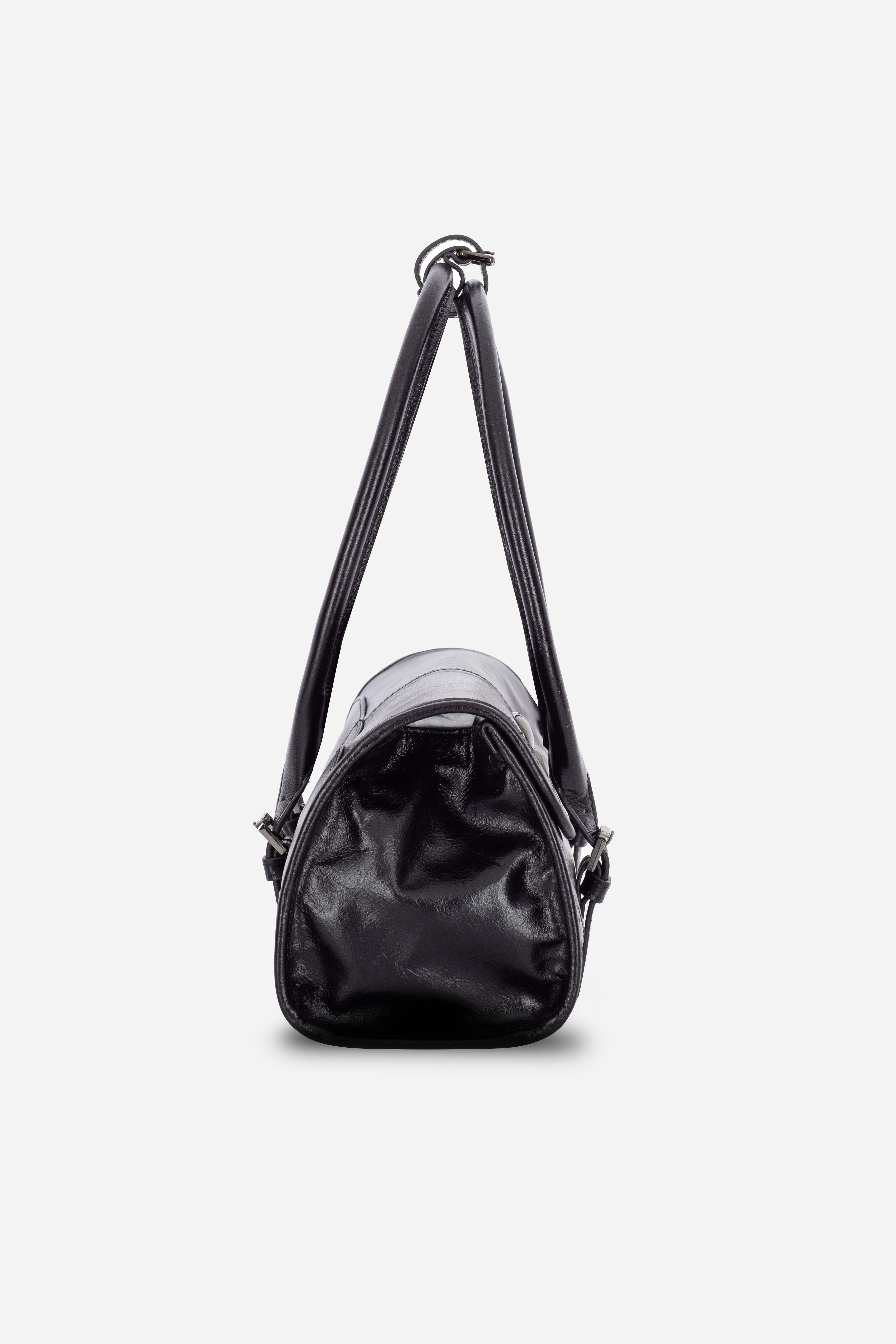 Rilu Amara black leather shoulder bag side view showing depth