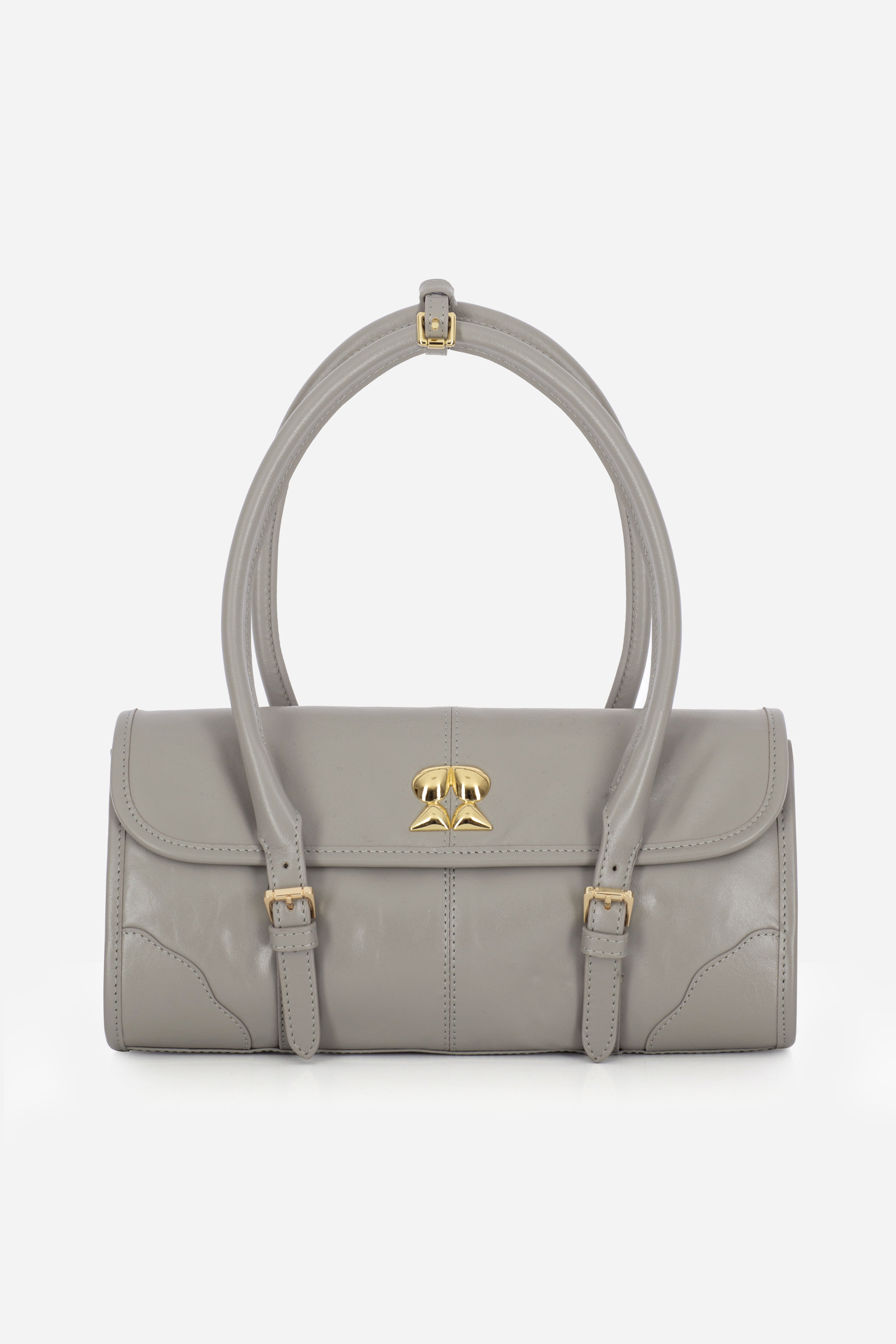 Rilu Amara stone gray leather shoulder bag front view with sleek design