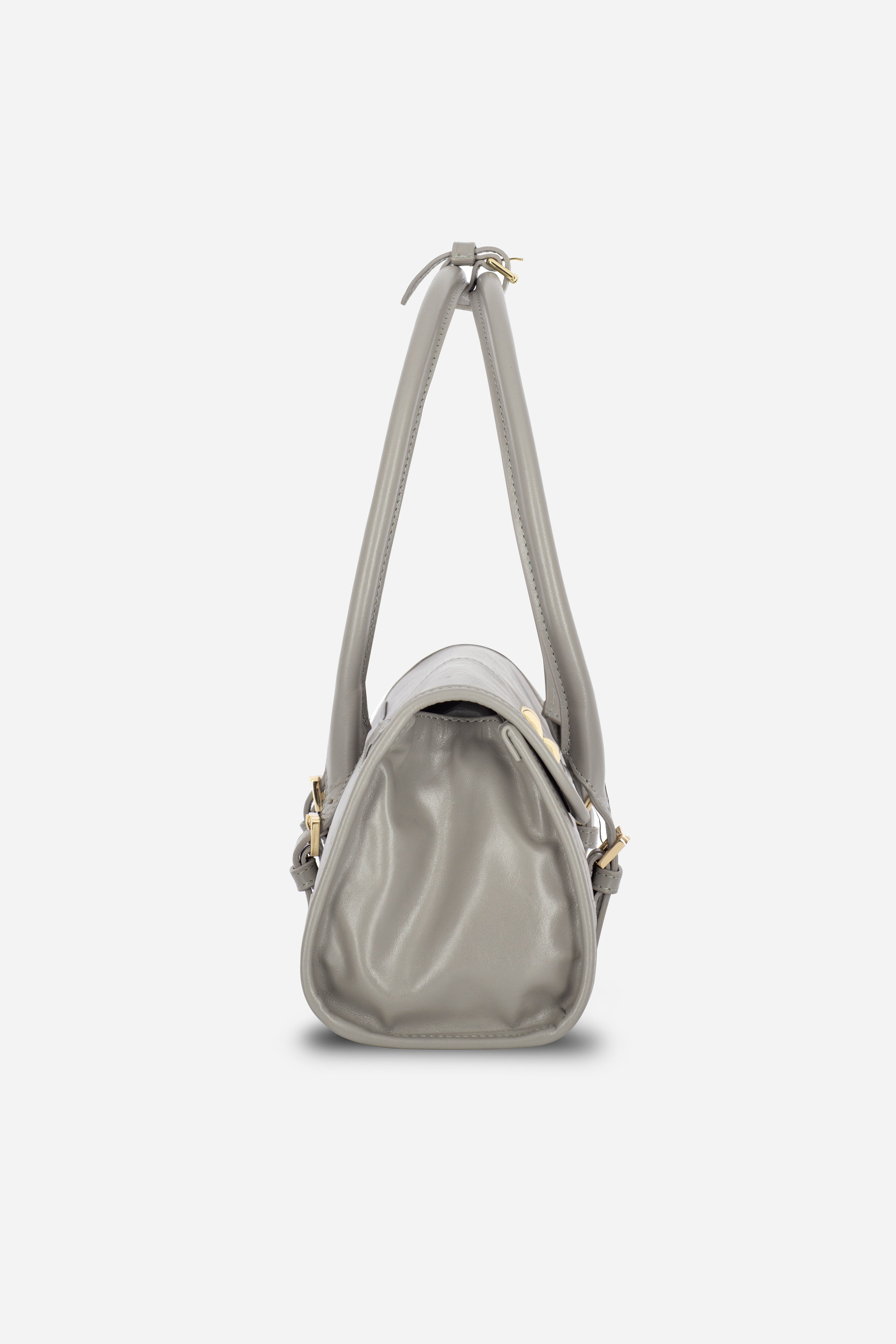 Rilu Amara stone gray leather shoulder bag side view showing depth