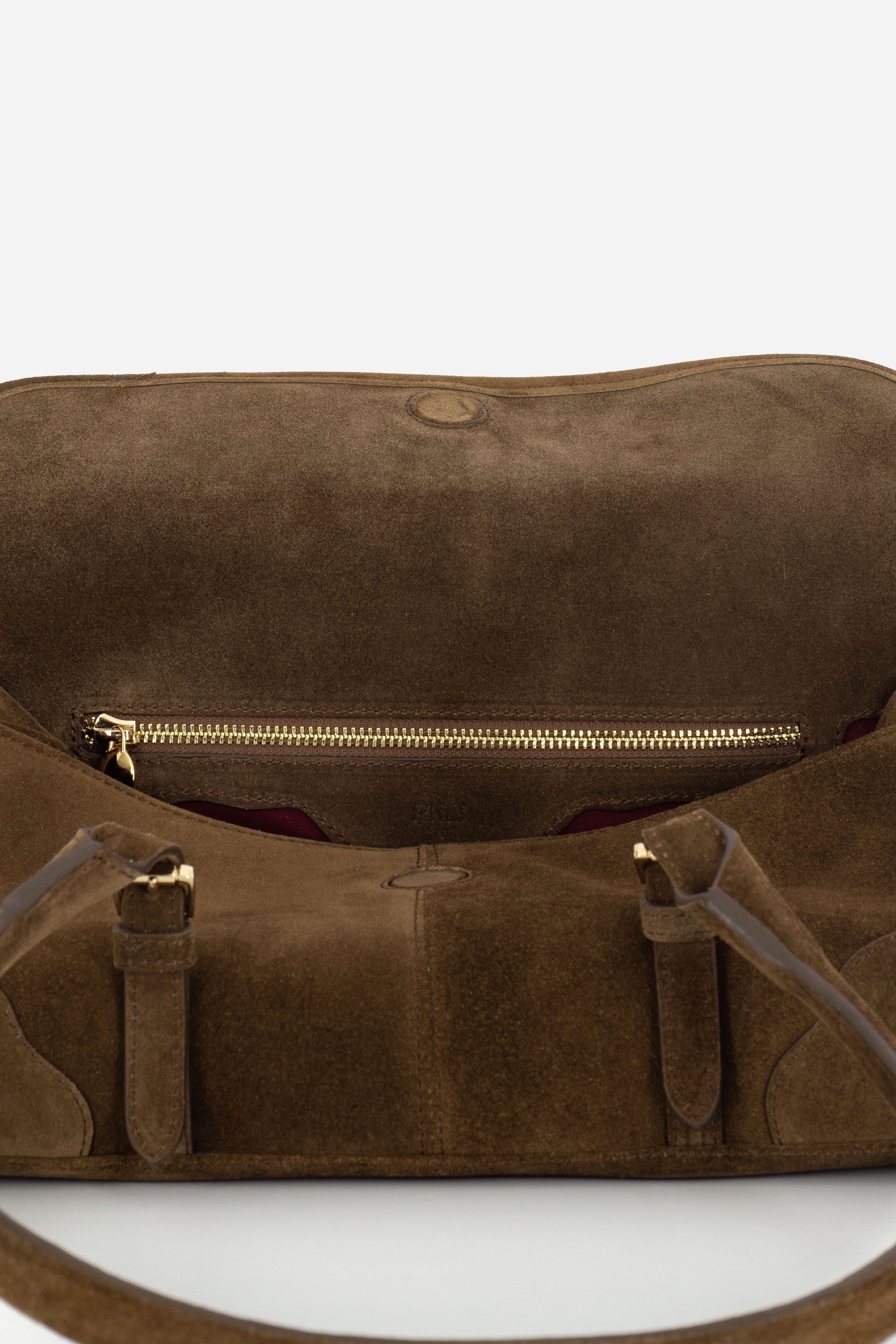 Rilu Amara suede brown leather shoulder bag close-up of the soft suede texture