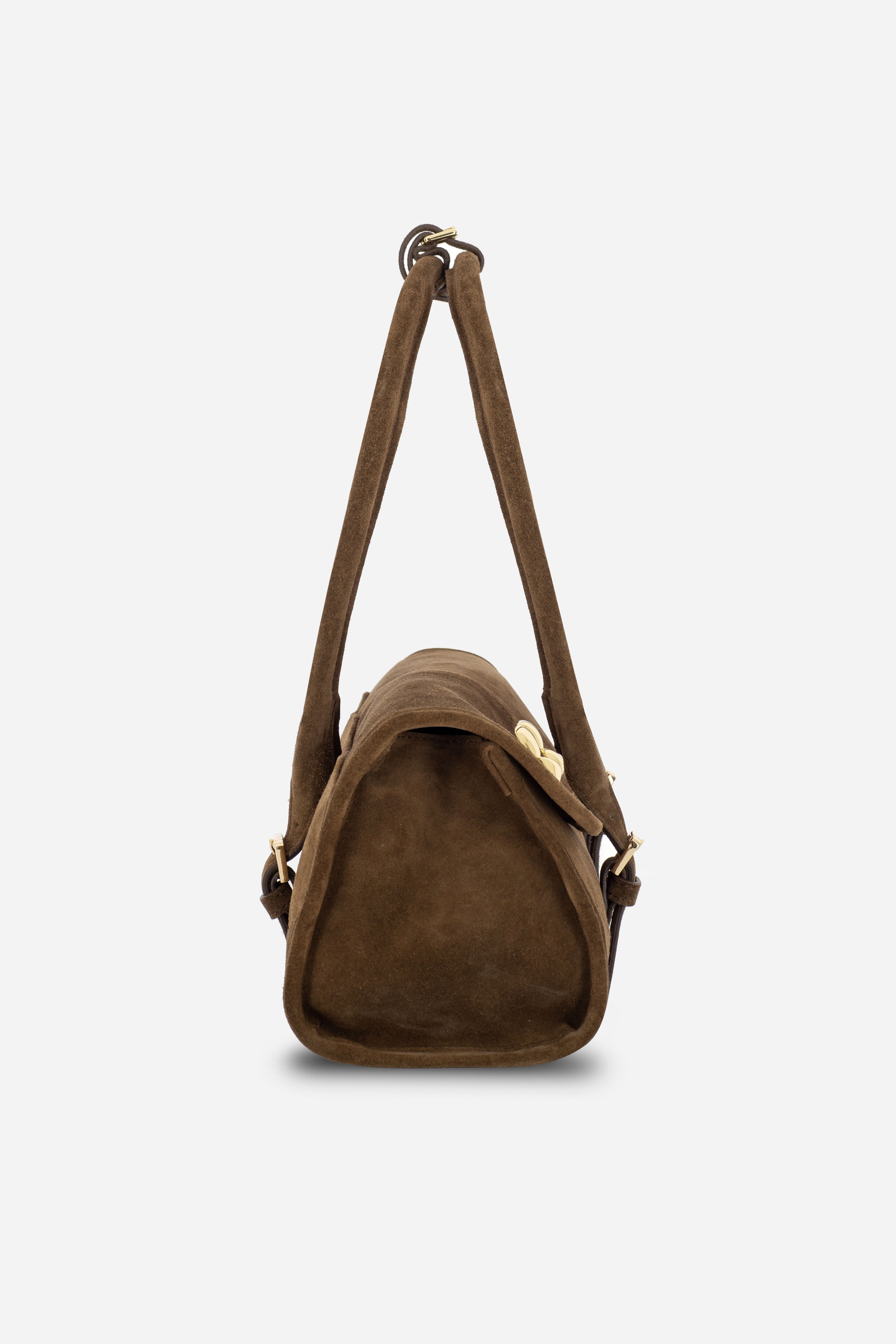 Rilu Amara suede brown leather shoulder bag side view showing depth