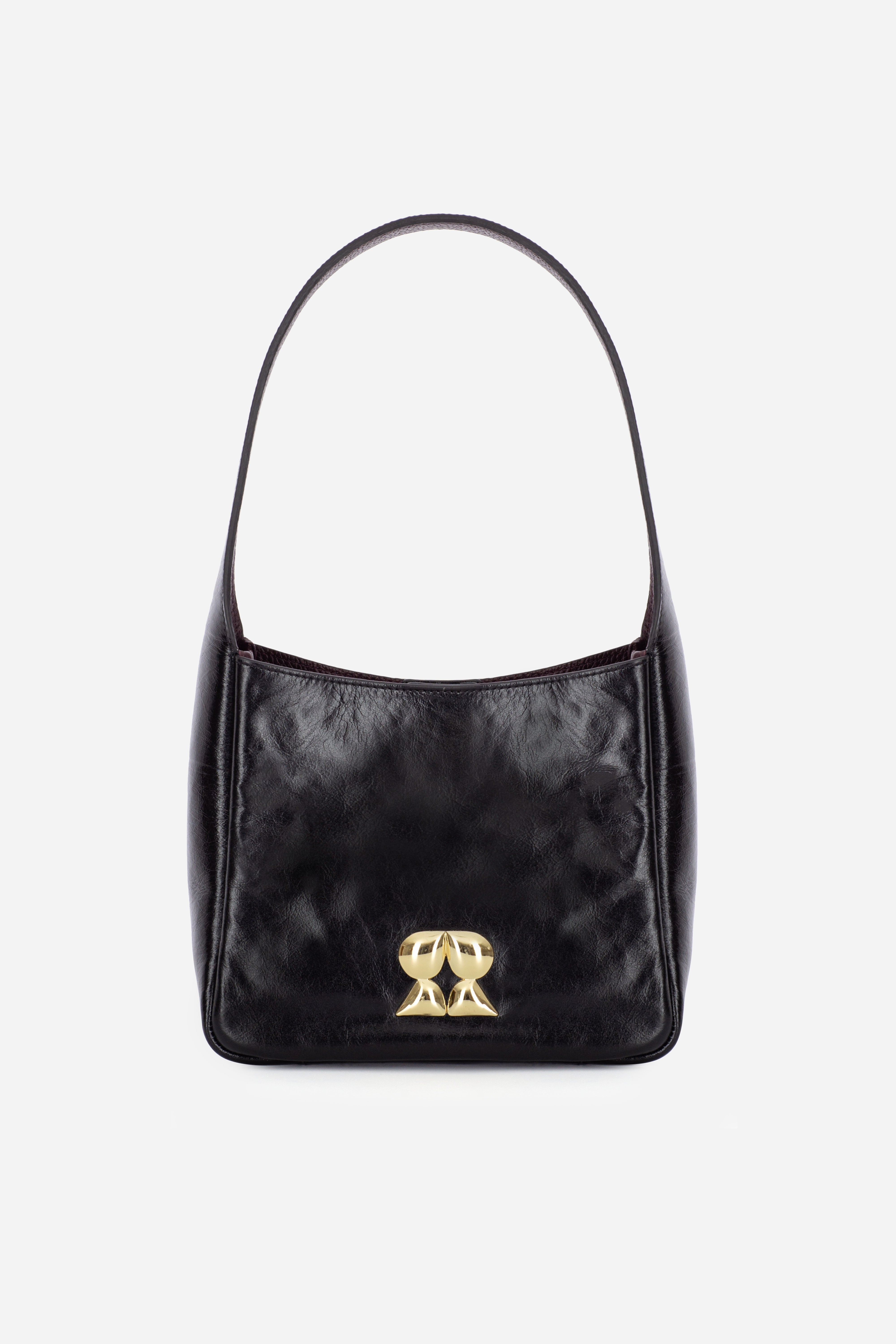 Rilu Camellia black leather shoulder bag with gold detailing, front view