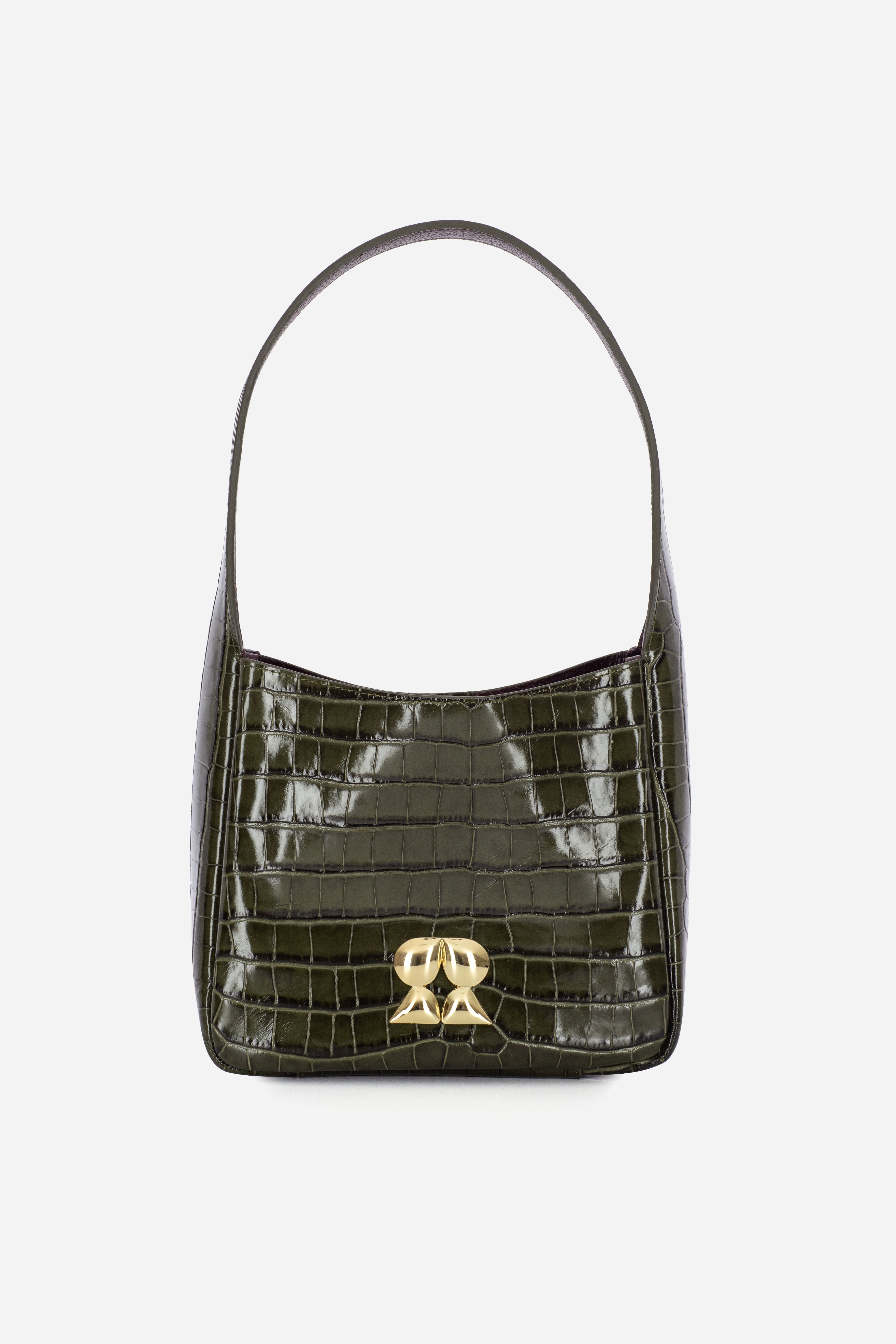 Rilu Camellia dark green croco print leather shoulder bag front view