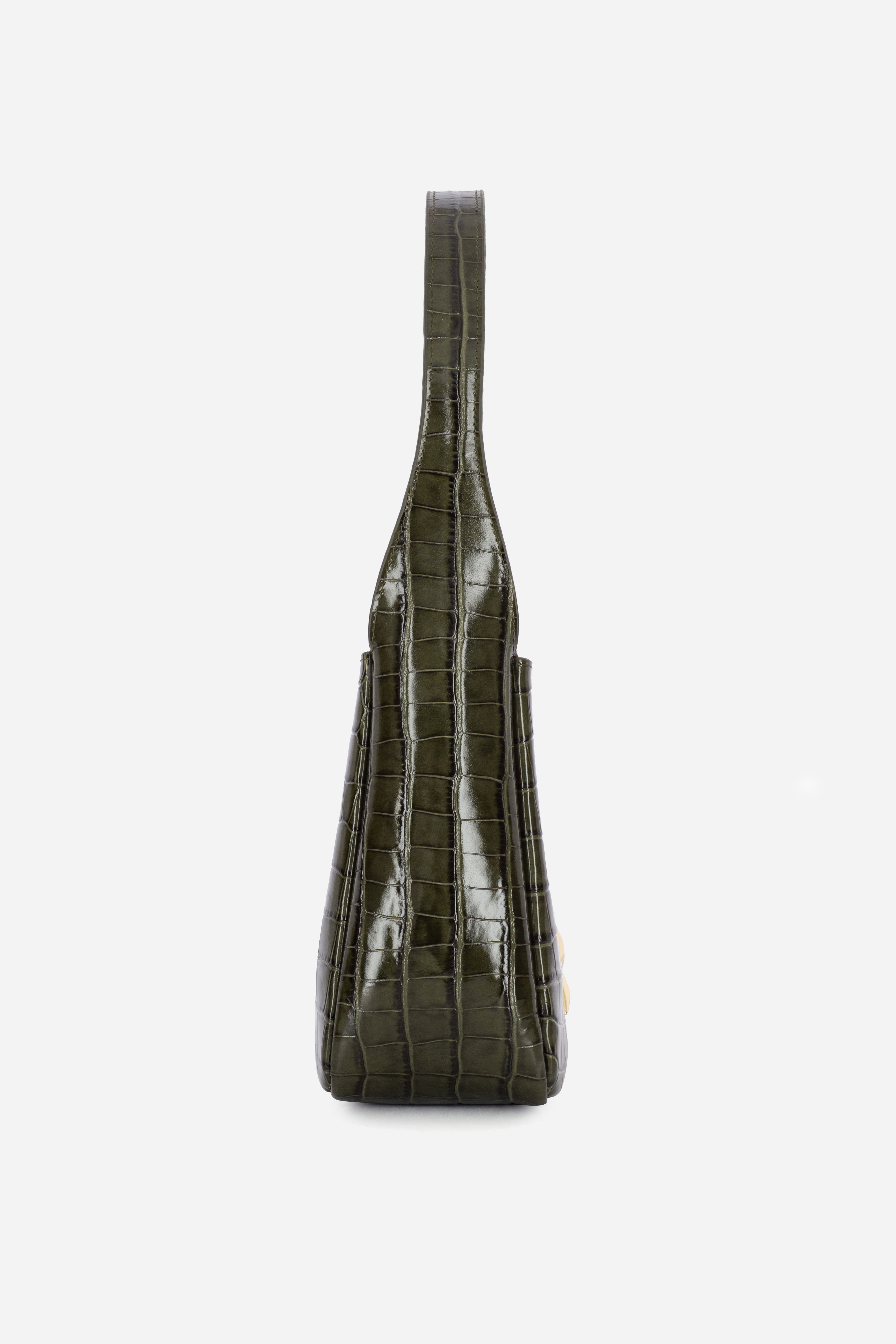 Rilu Camellia dark green croco print leather shoulder bag side profile