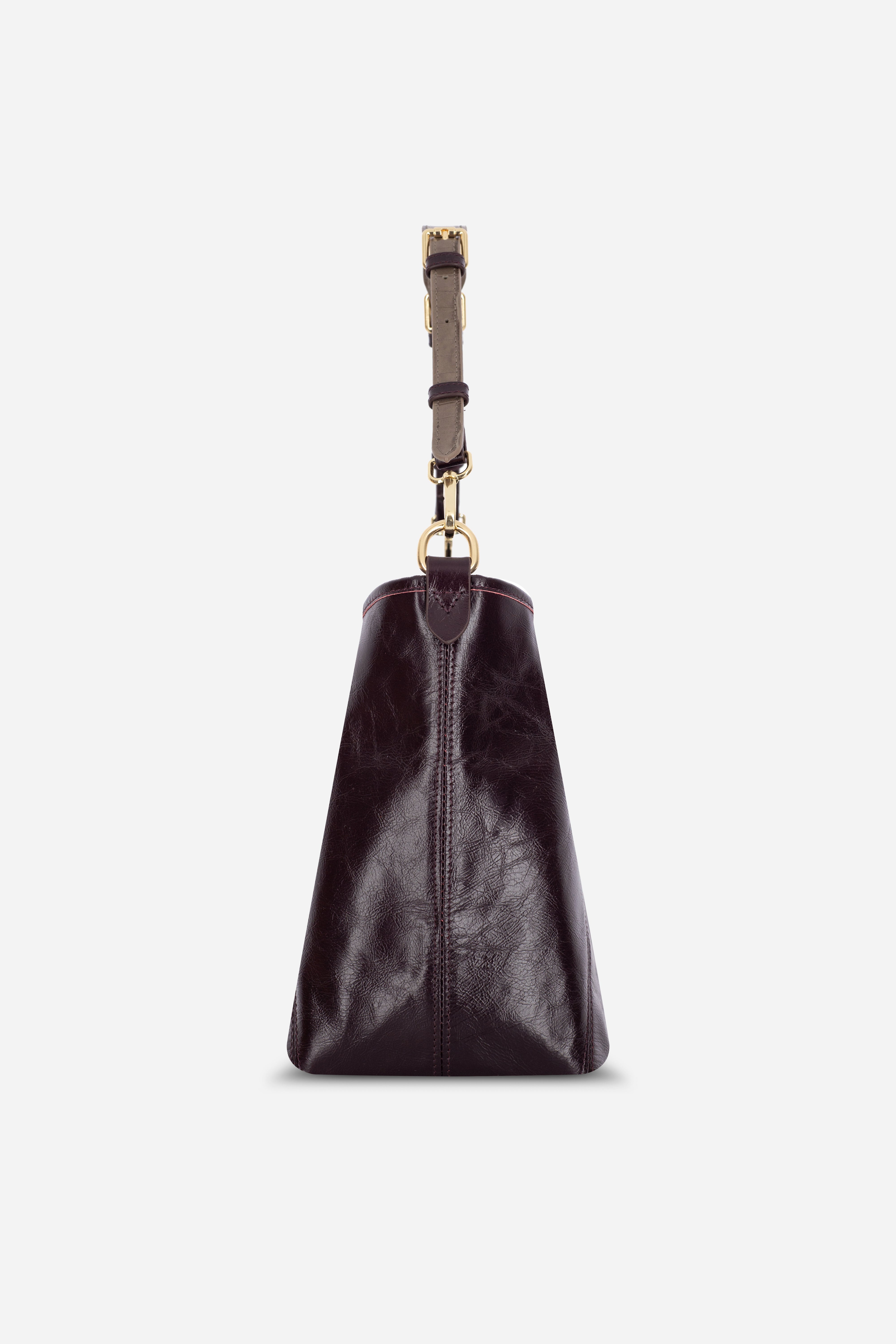 Rilu Elan burgundy leather shoulder bag side view showing soft structure and drape