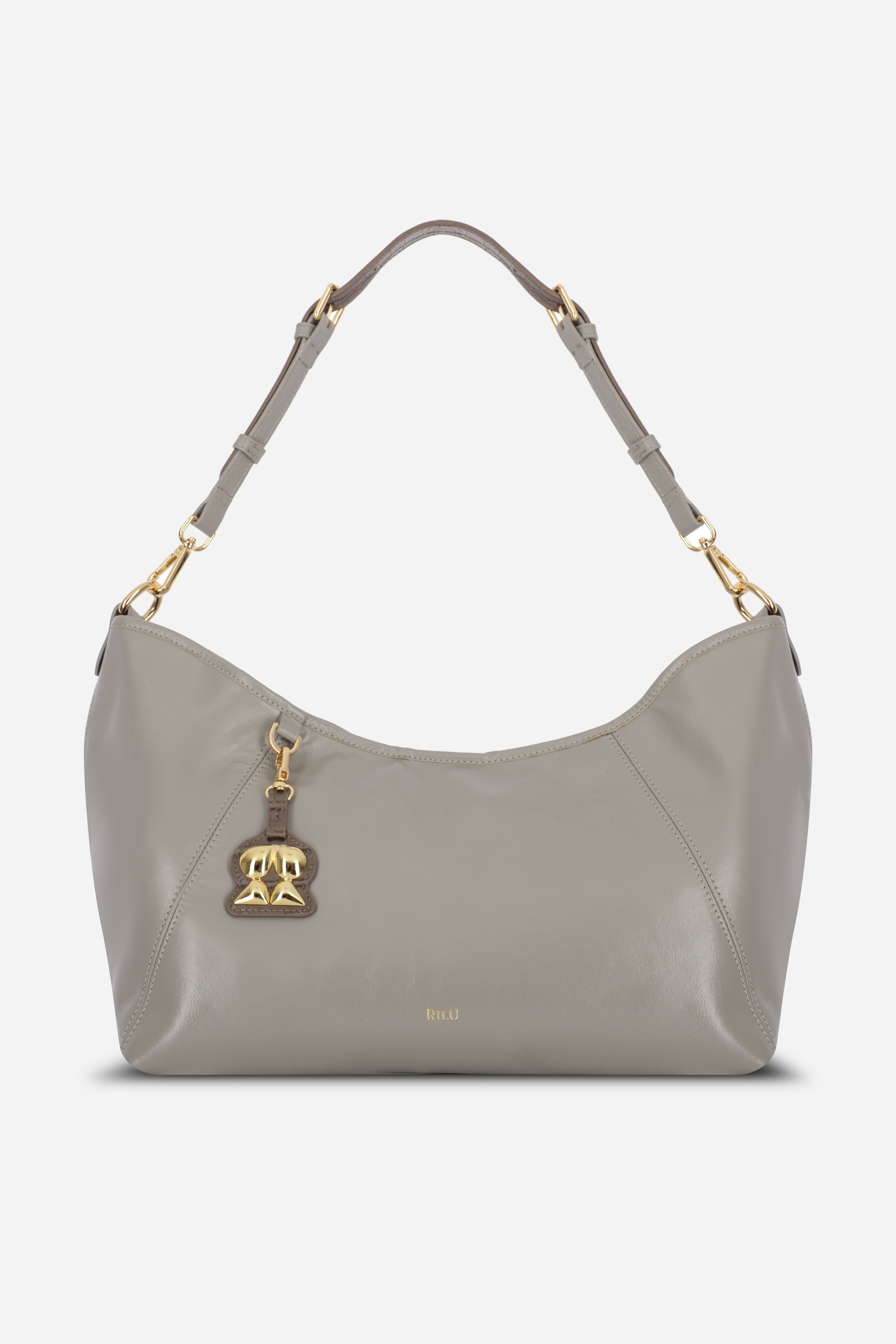 Rilu Elan stone gray leather soft shoulder bag front view