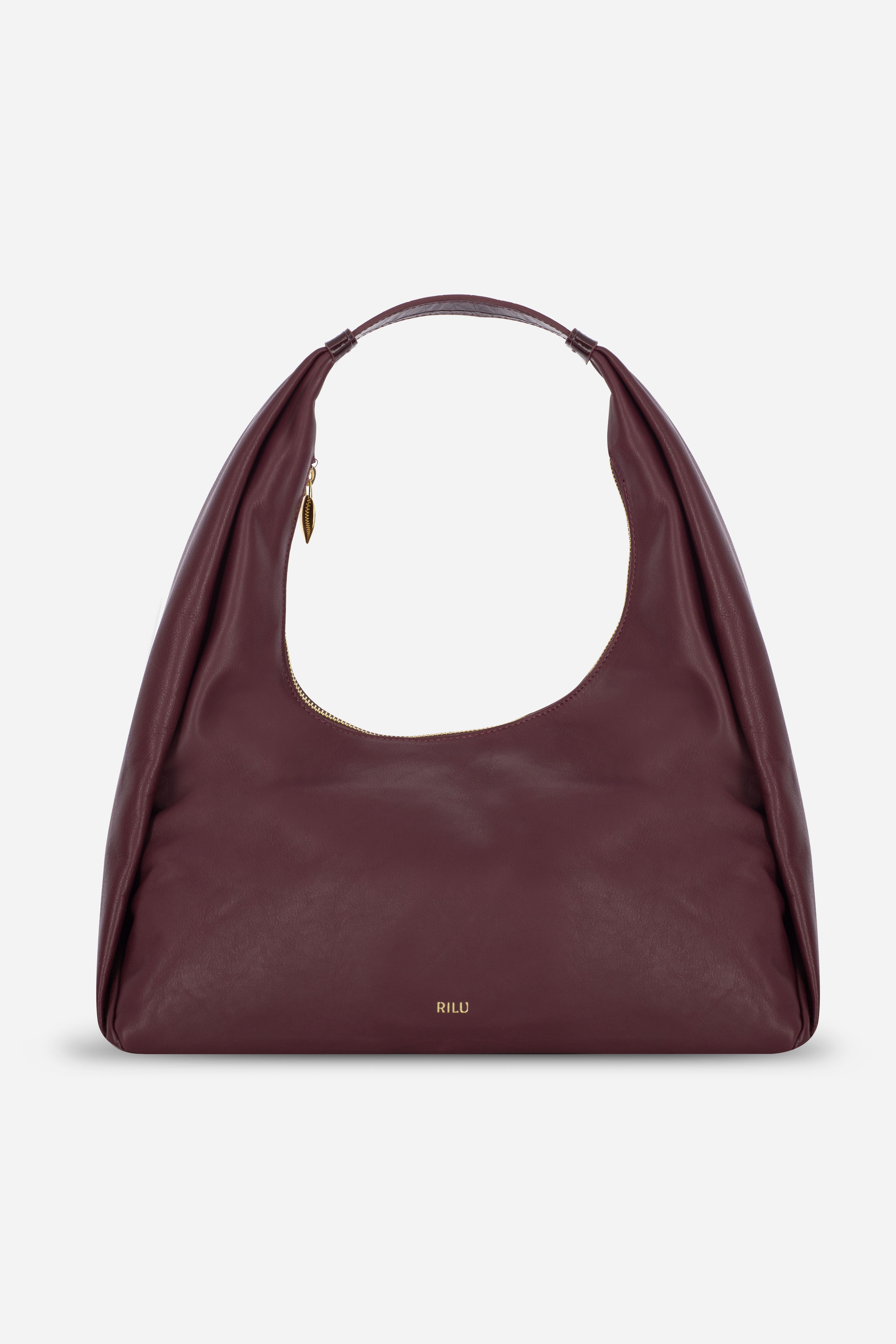 Rilu Hera burgundy leather oversized hobo bag front view
