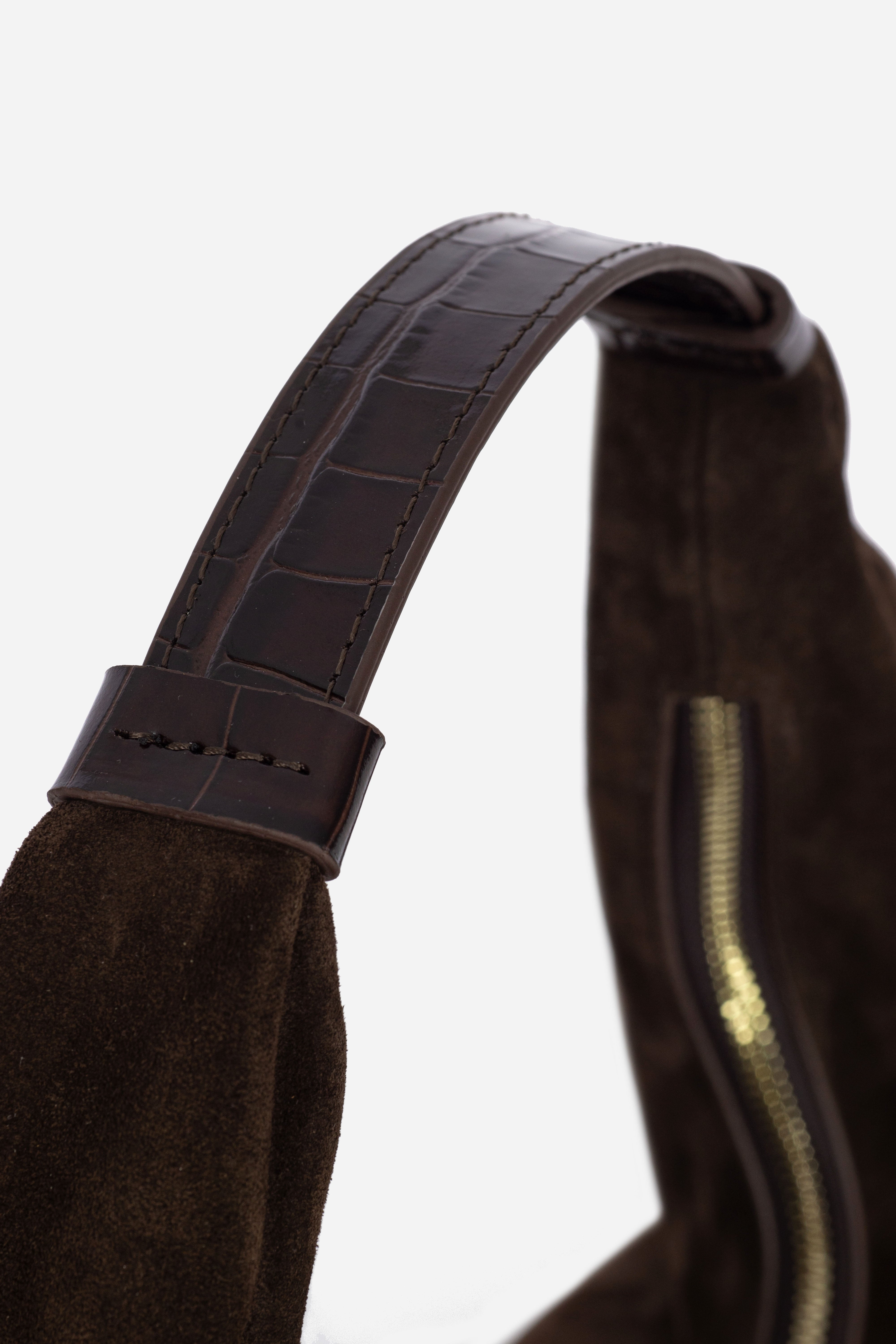 Rilu Hera espresso suede leather hobo bag close-up of the soft suede texture croco strap