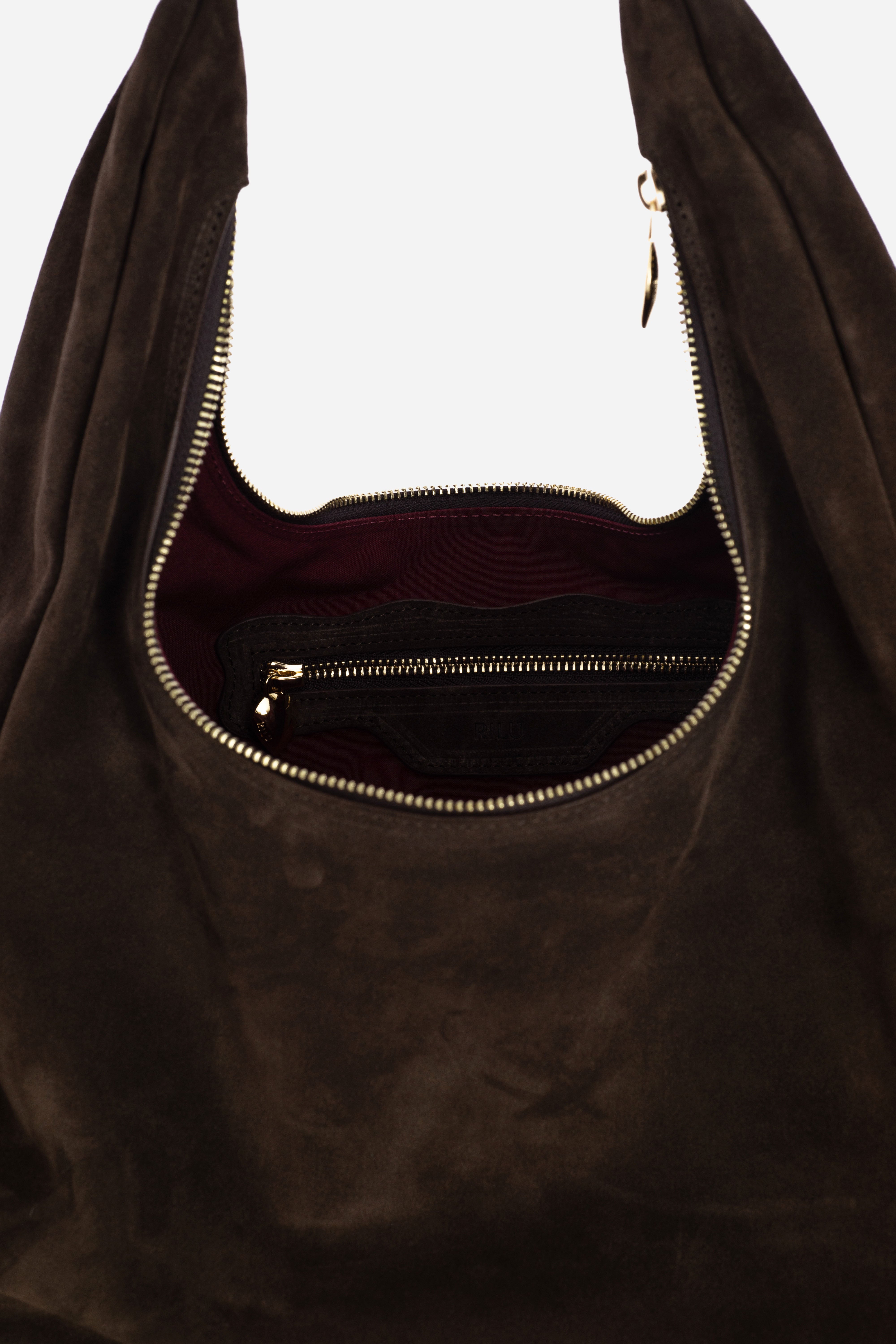 Rilu Hera espresso suede leather hobo bag close-up of the soft suede texture