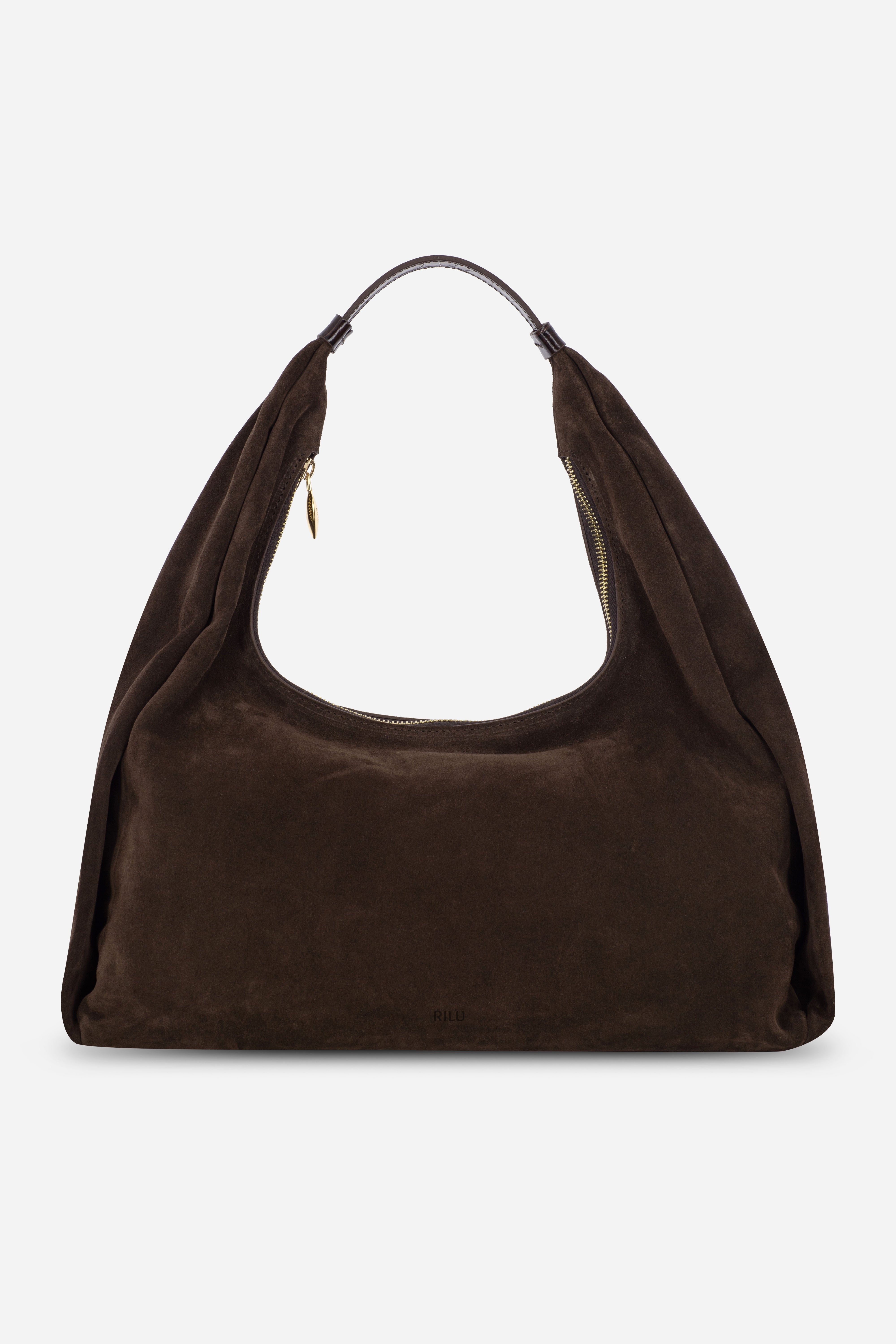 Rilu Hera espresso suede leather oversized hobo bag front view