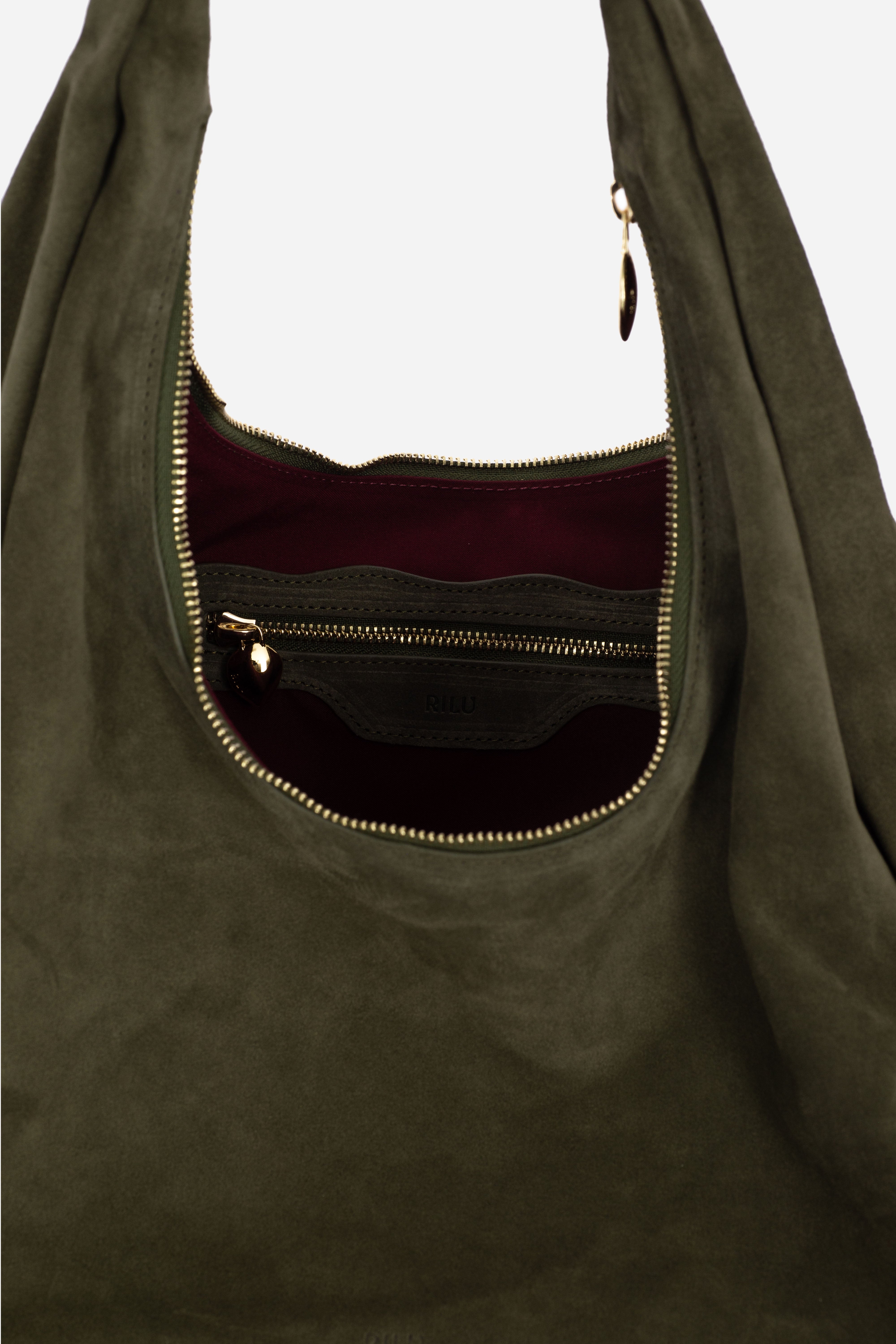 Rilu Hera olive suede leather hobo bag close-up of the soft suede texture