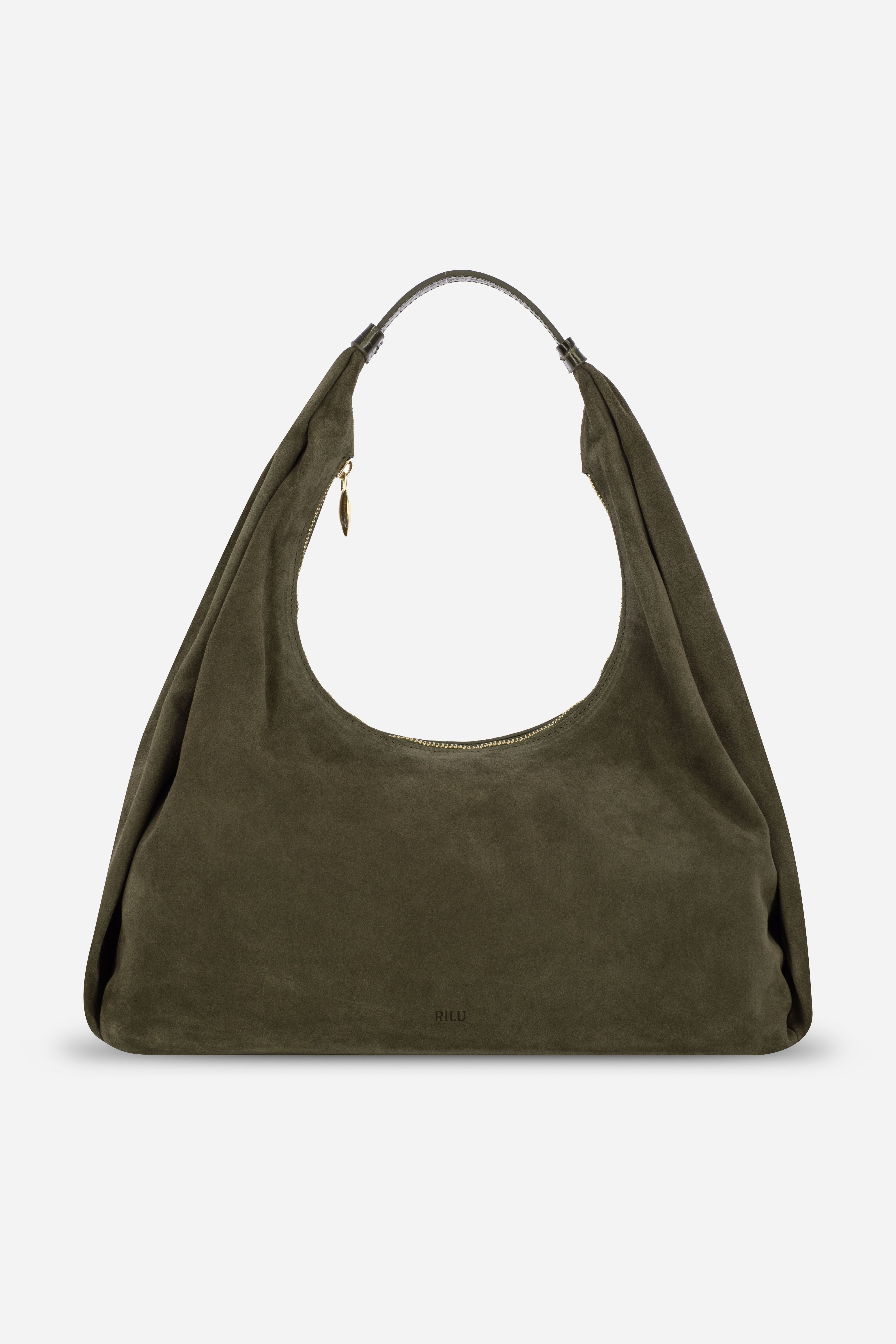 Rilu Hera olive suede leather oversized hobo bag front view
