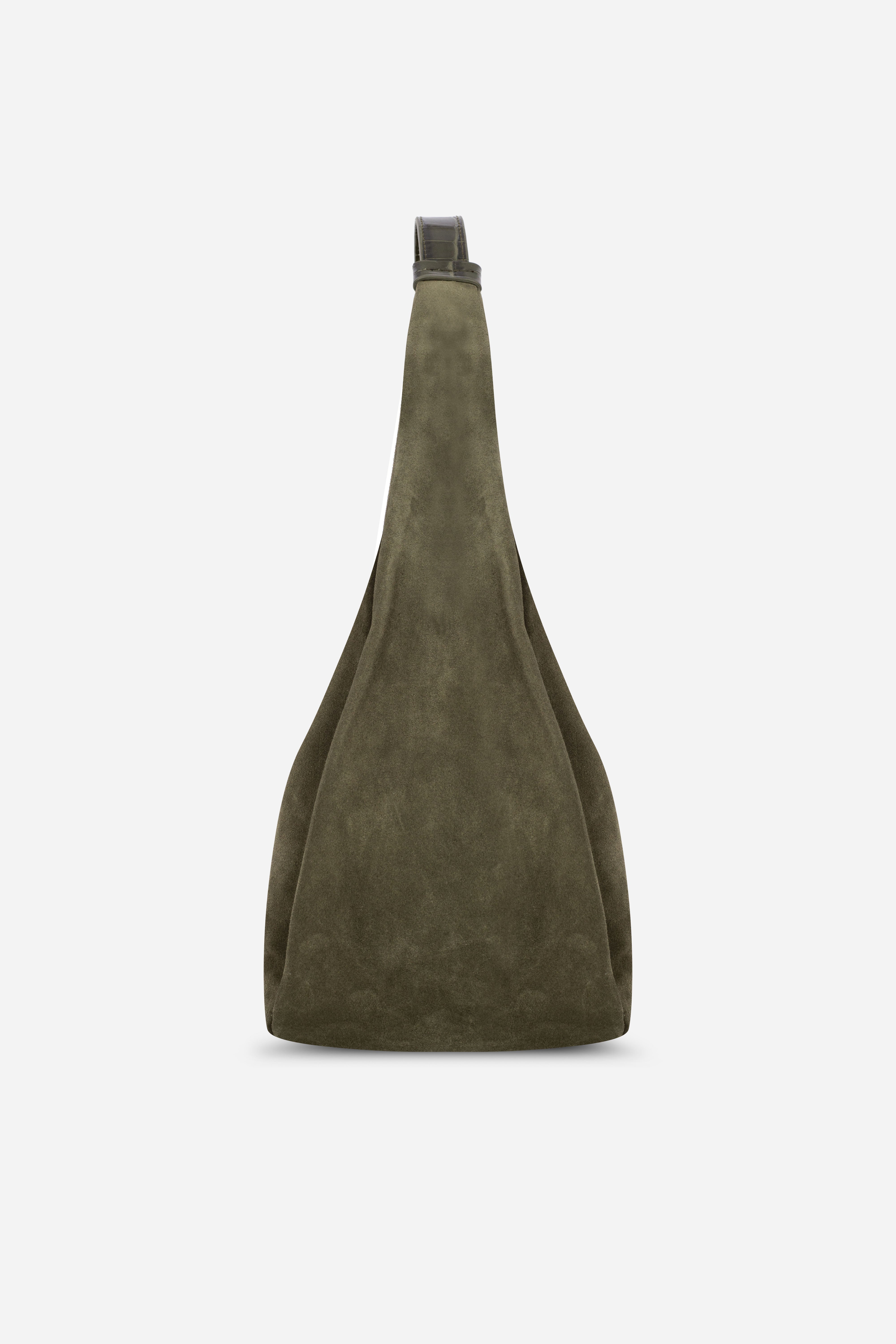 Rilu Hera olive suede leather hobo bag side view showing relaxed drape and volume