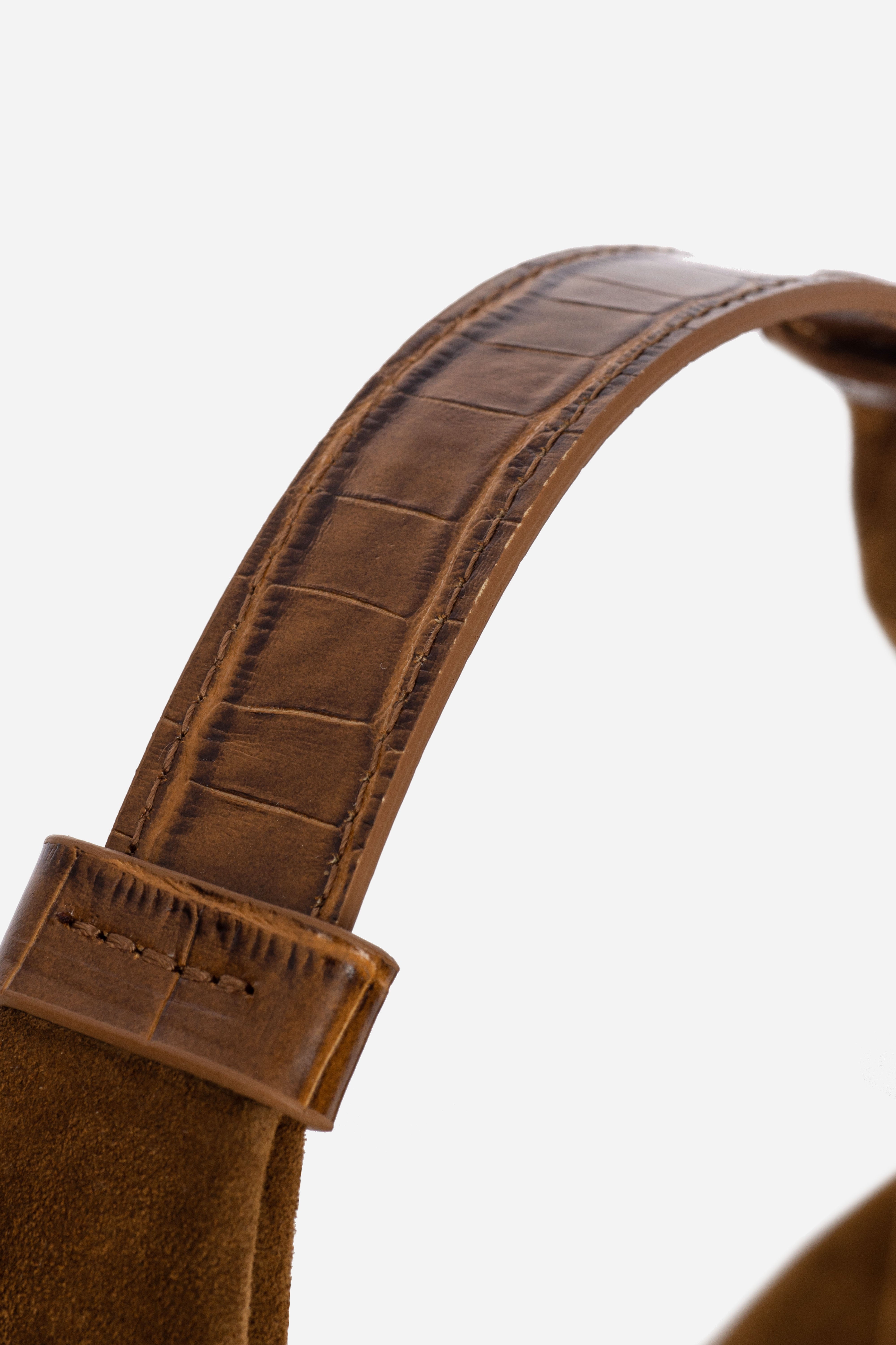 Rilu Hera toffee suede leather hobo bag close-up of the croco strap
