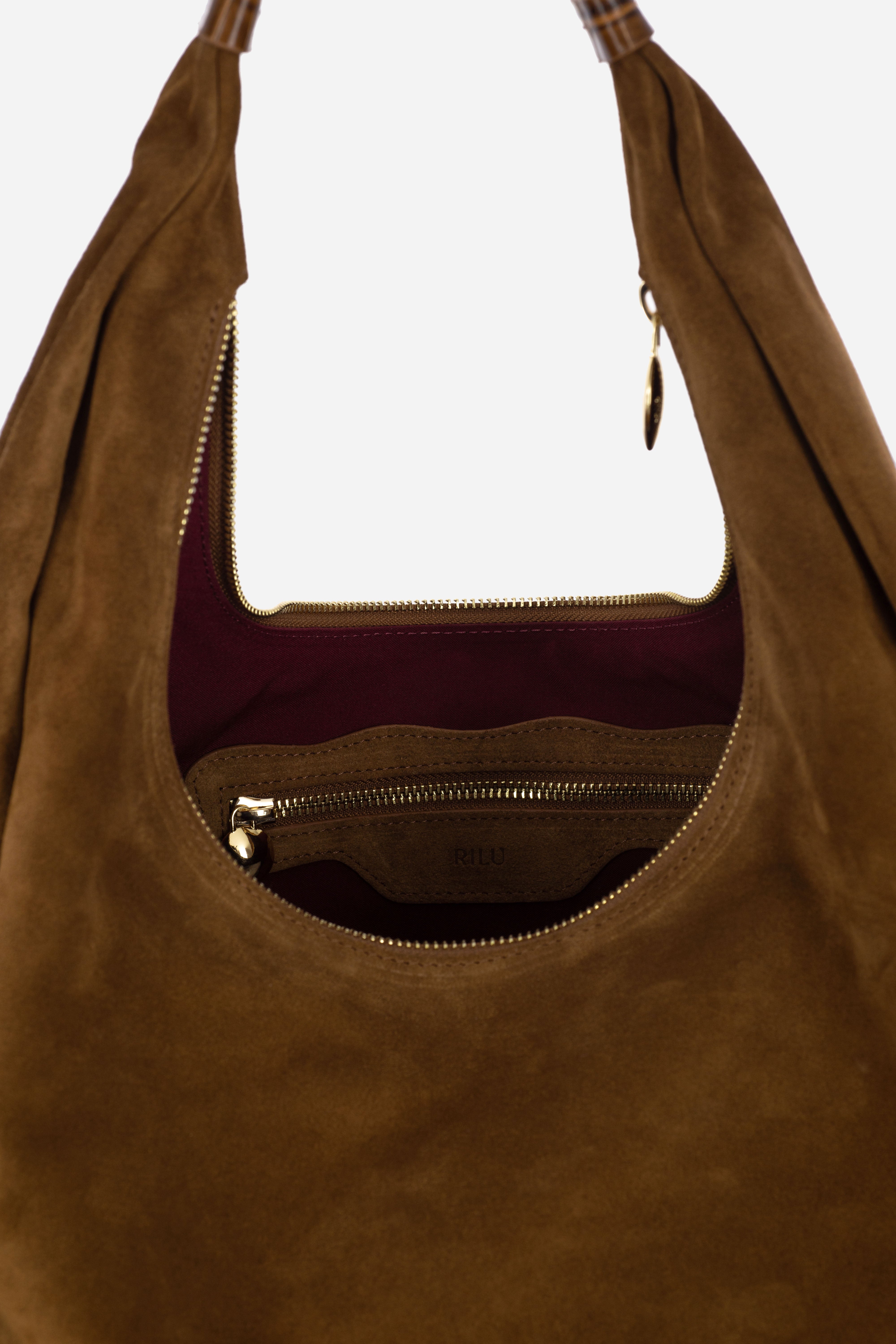 Rilu Hera toffee suede leather hobo bag close-up of the soft suede texture