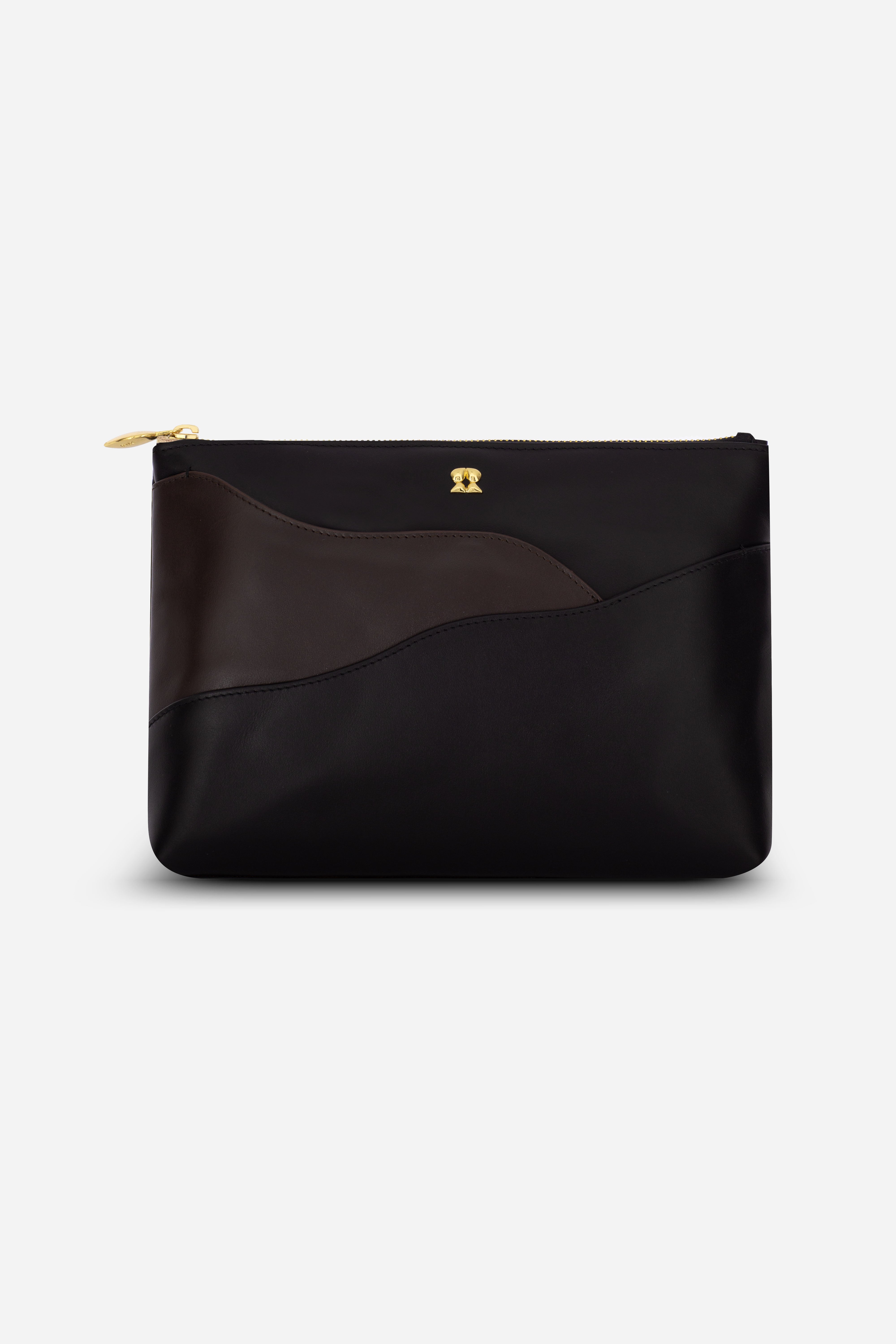 clutch-front Rilu Ivy black and espresso color block leather clutch front view
