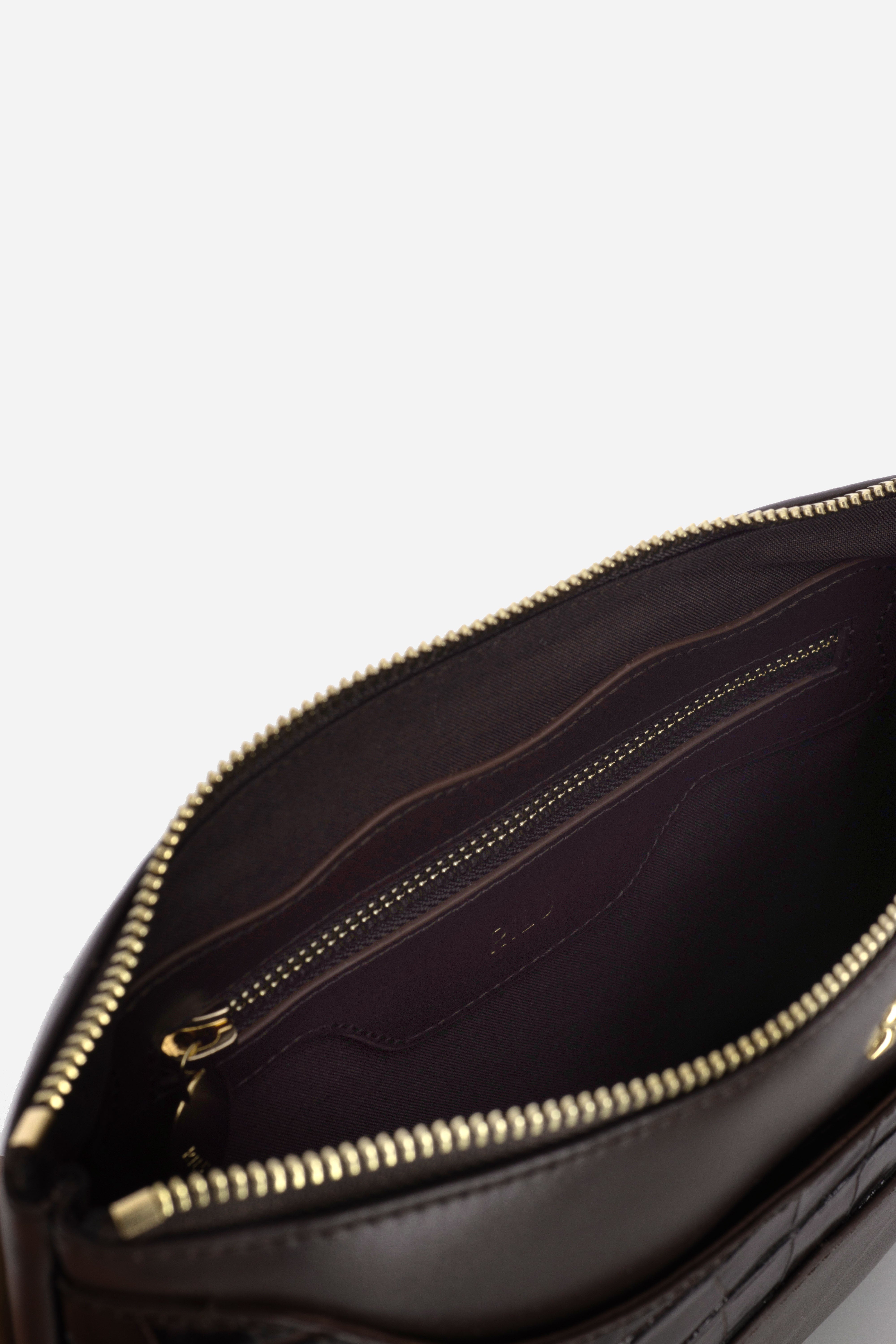 Rilu Ivy espresso leather clutch close-up of the croco print texture
