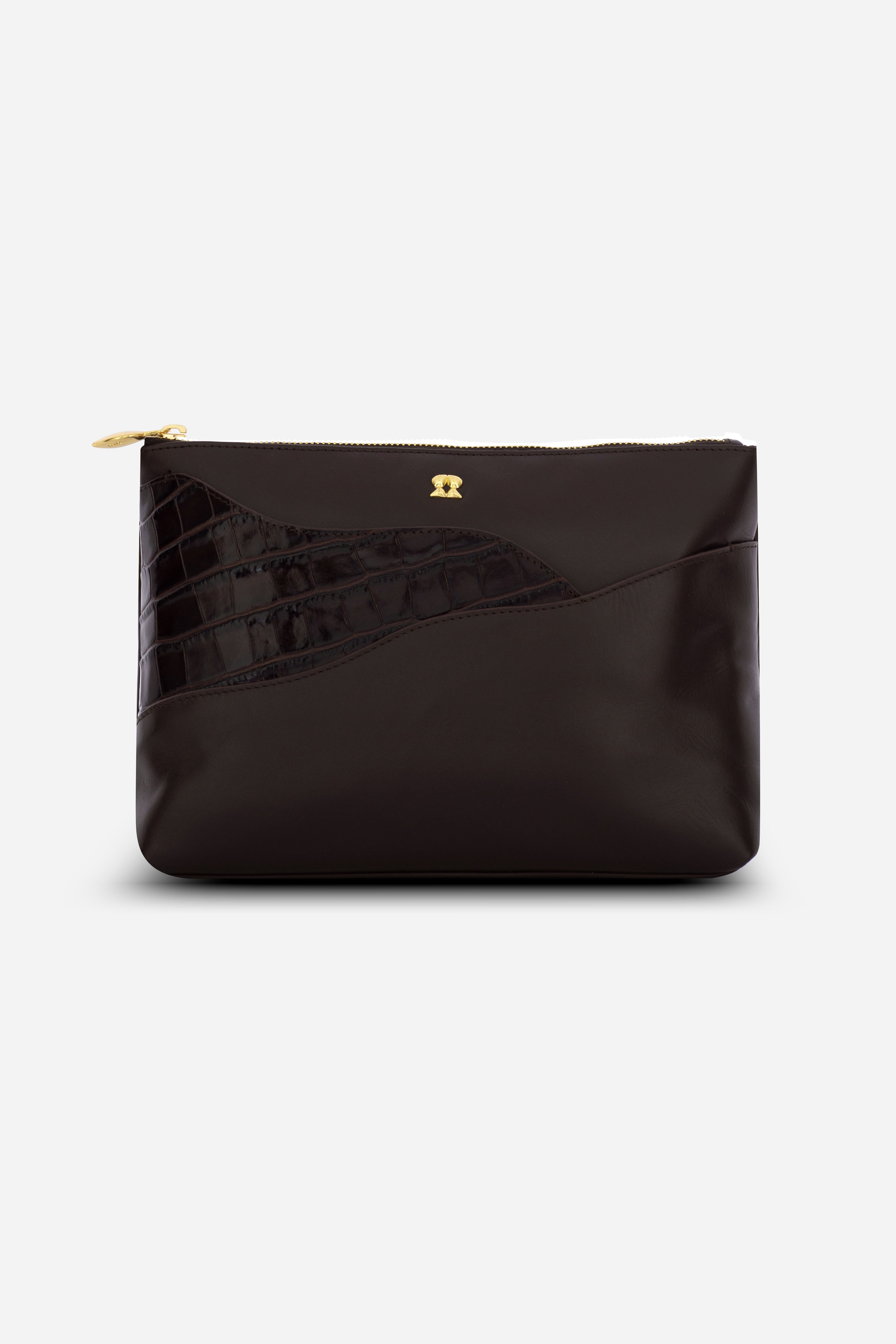 Rilu Ivy espresso croco print and solid leather fusion clutch front view