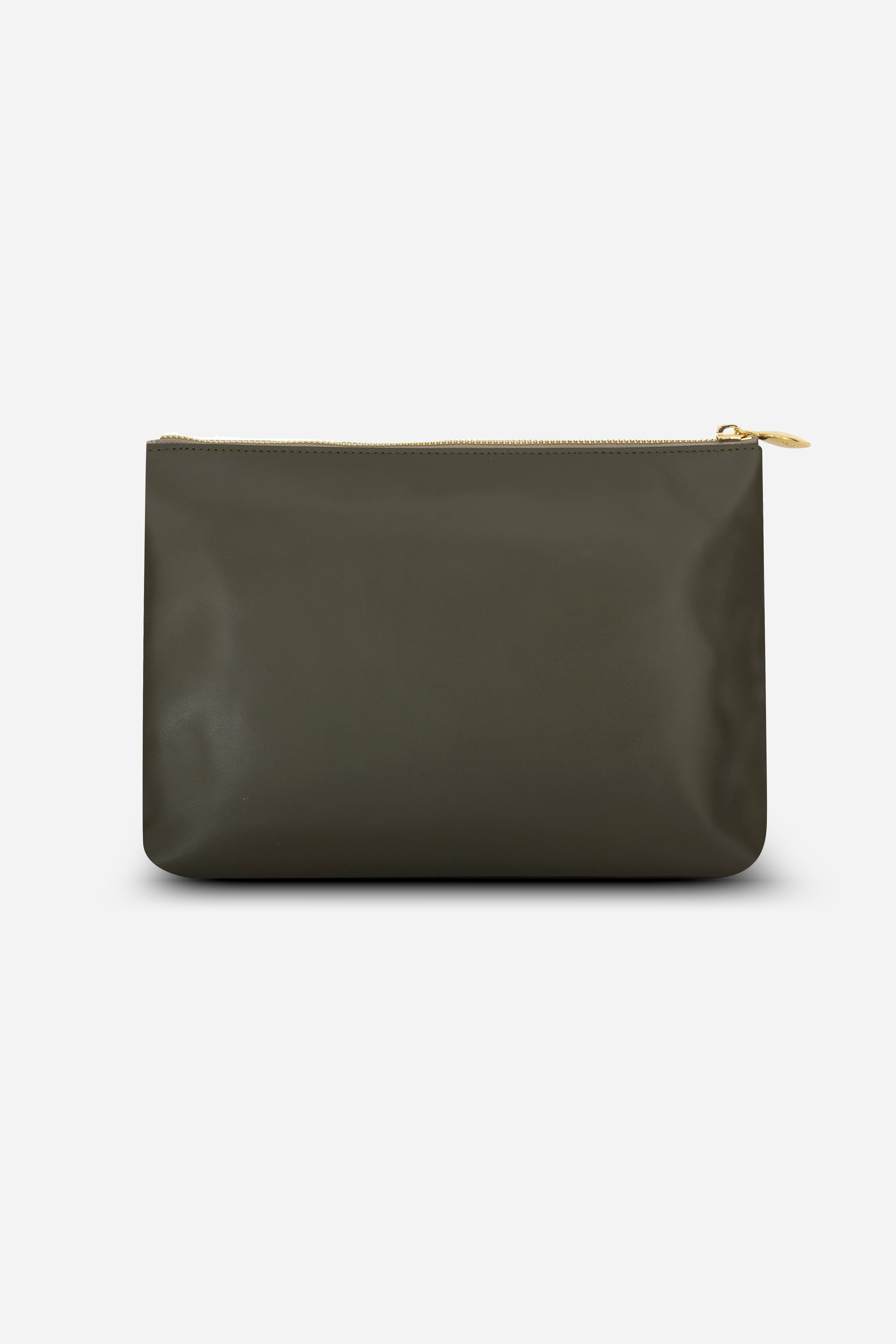 Rilu Ivy gray, dark green croco print, and olive leather clutch back view