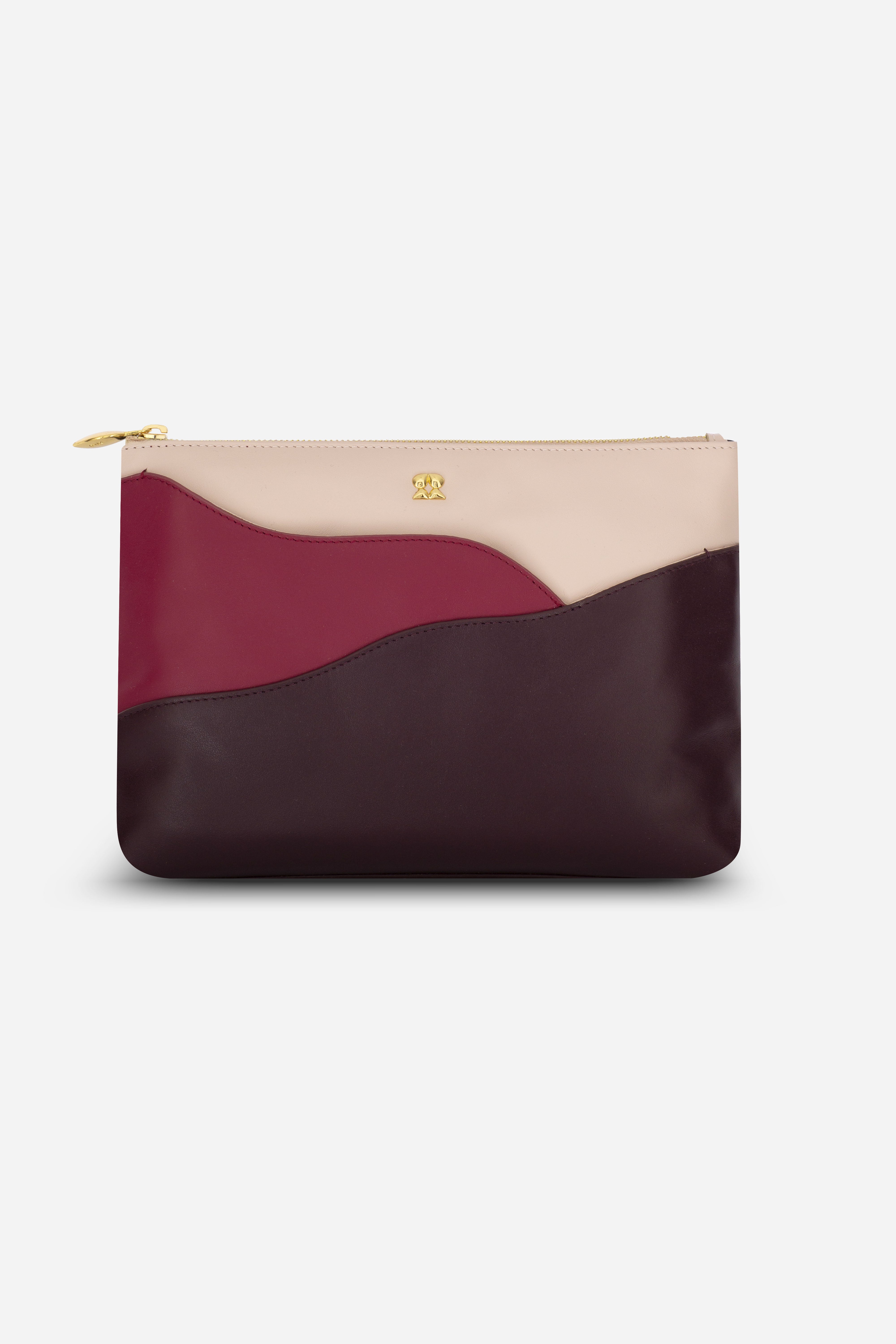 Rilu Ivy powder, cherry, and burgundy leather fusion clutch front view