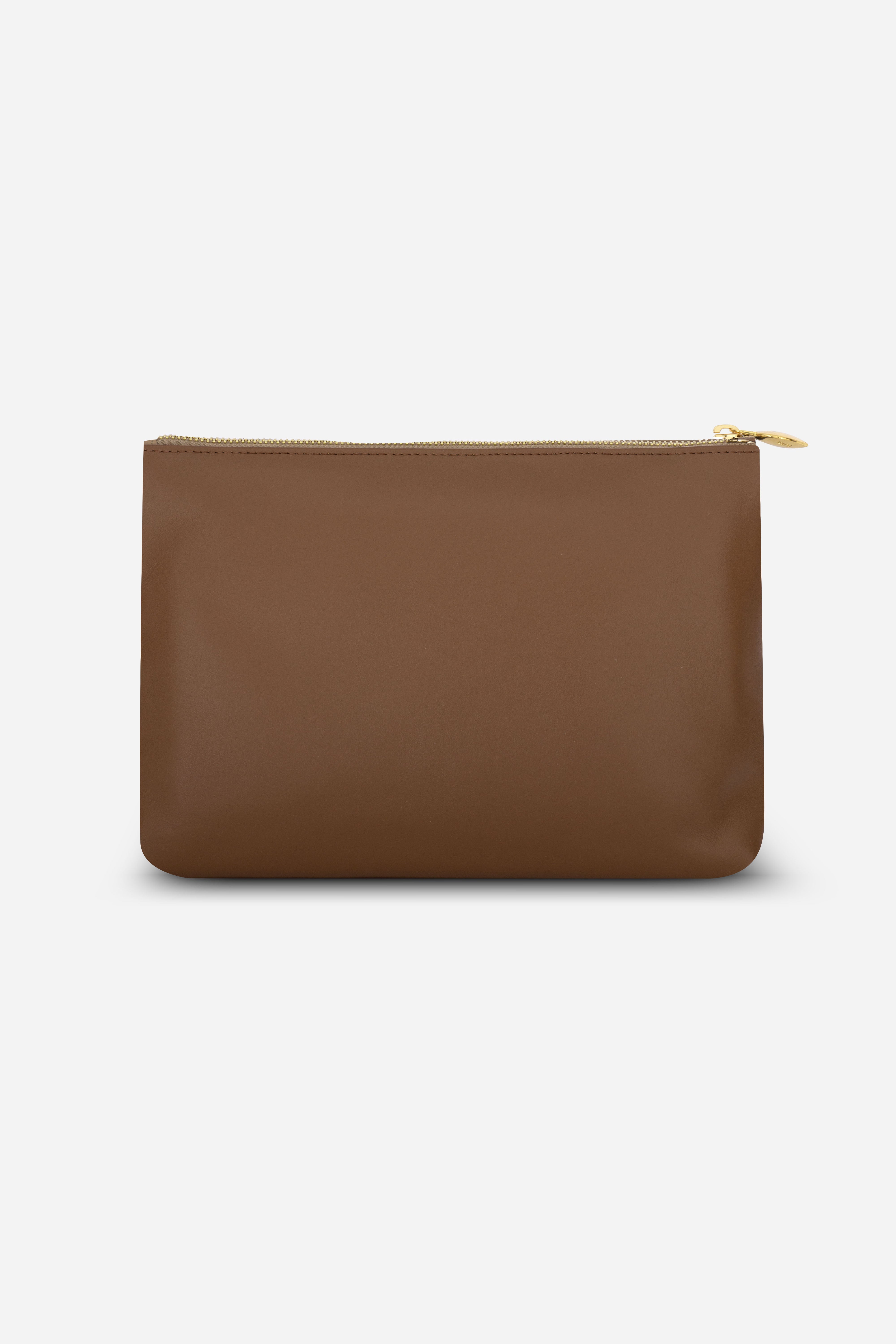 Rilu Ivy sand, espresso, and toffee leather clutch back view