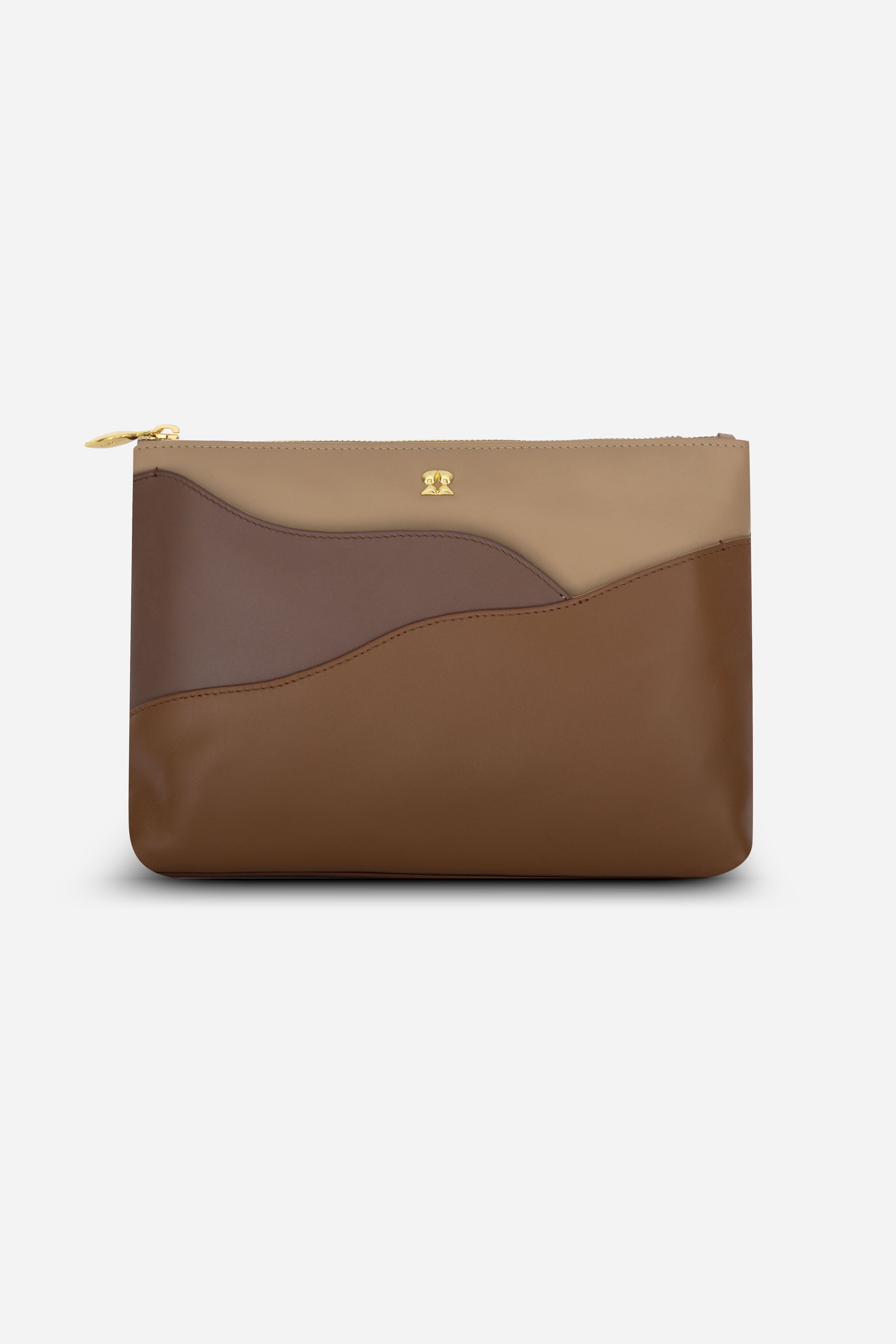 Rilu Ivy sand, espresso, and toffee leather fusion clutch front view