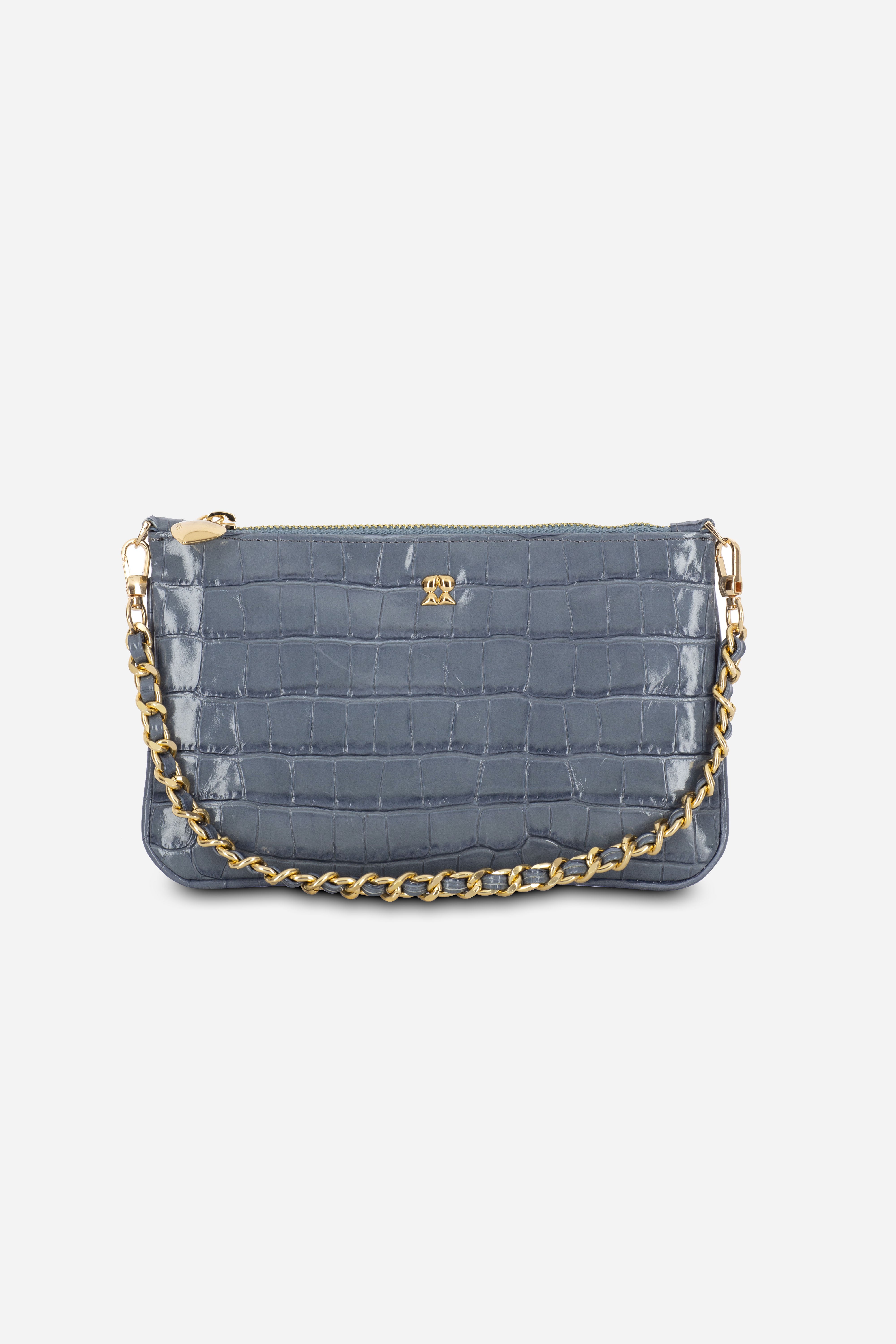 Rilu Kaia ash blue croco print chain leather convertible clutch bag front view