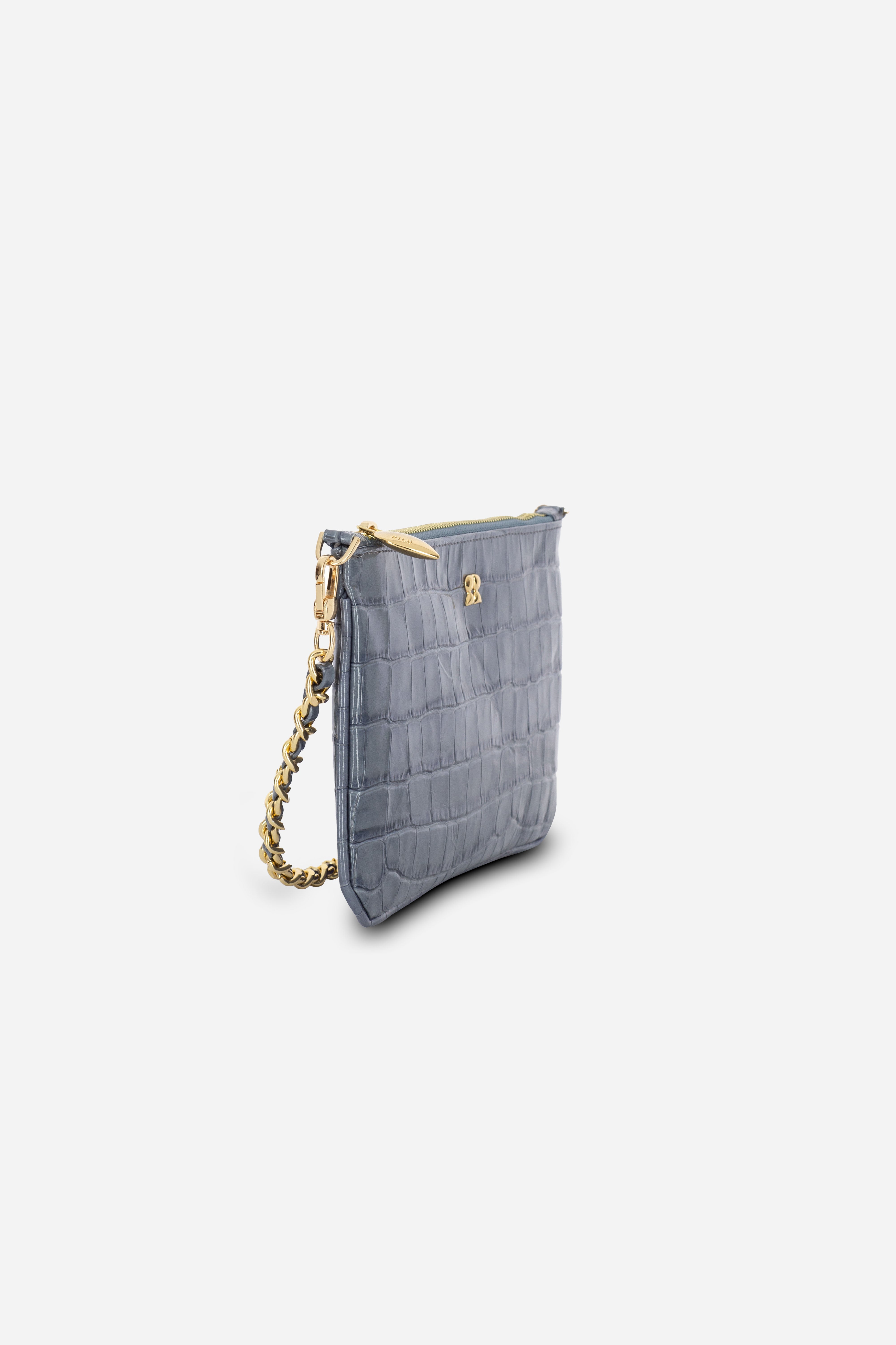 Rilu Kaia ash blue croco print clutch side view showing chain-and-leather handle