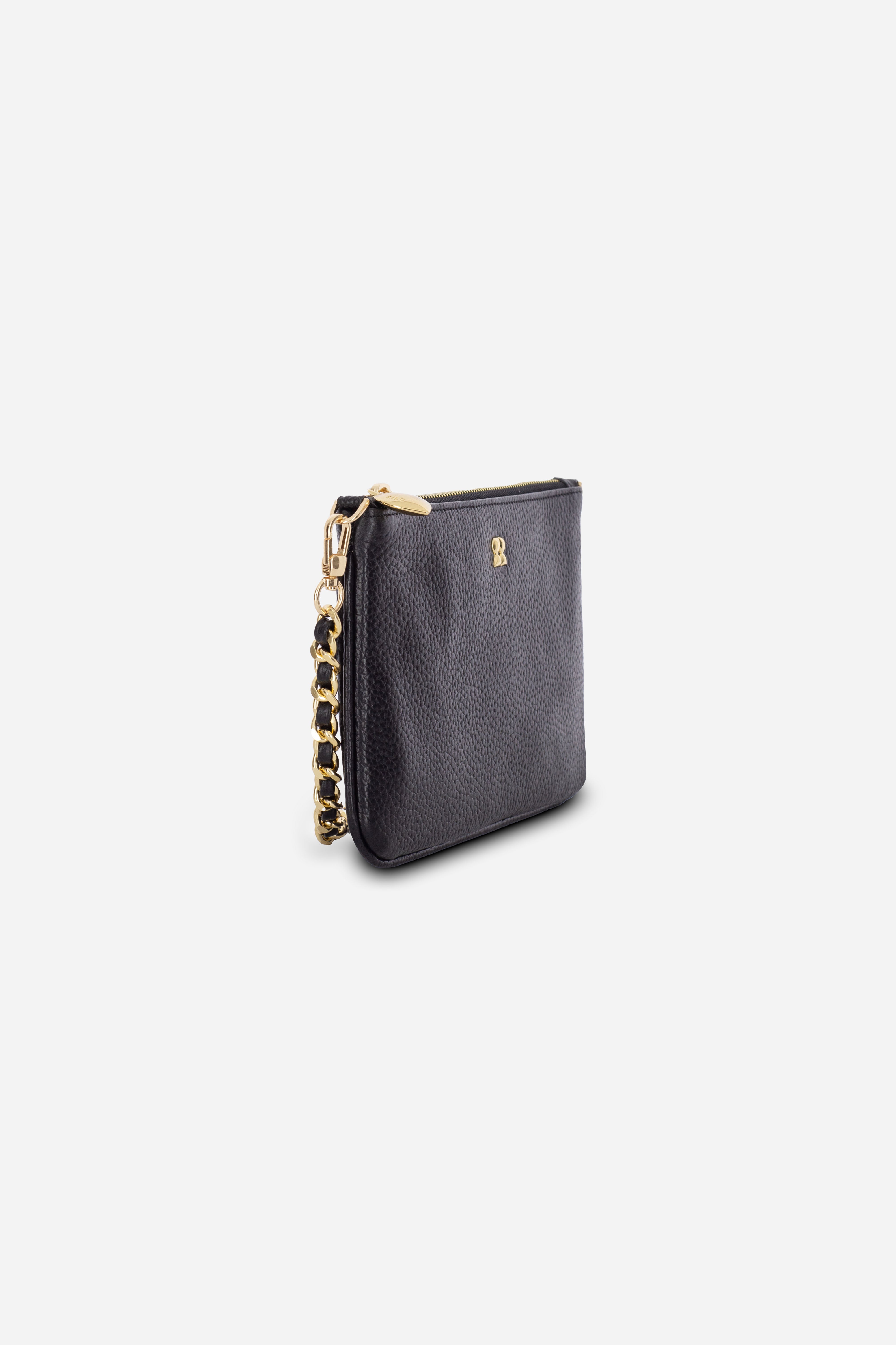 Rilu Kaia black clutch side view showing chain-and-leather handle