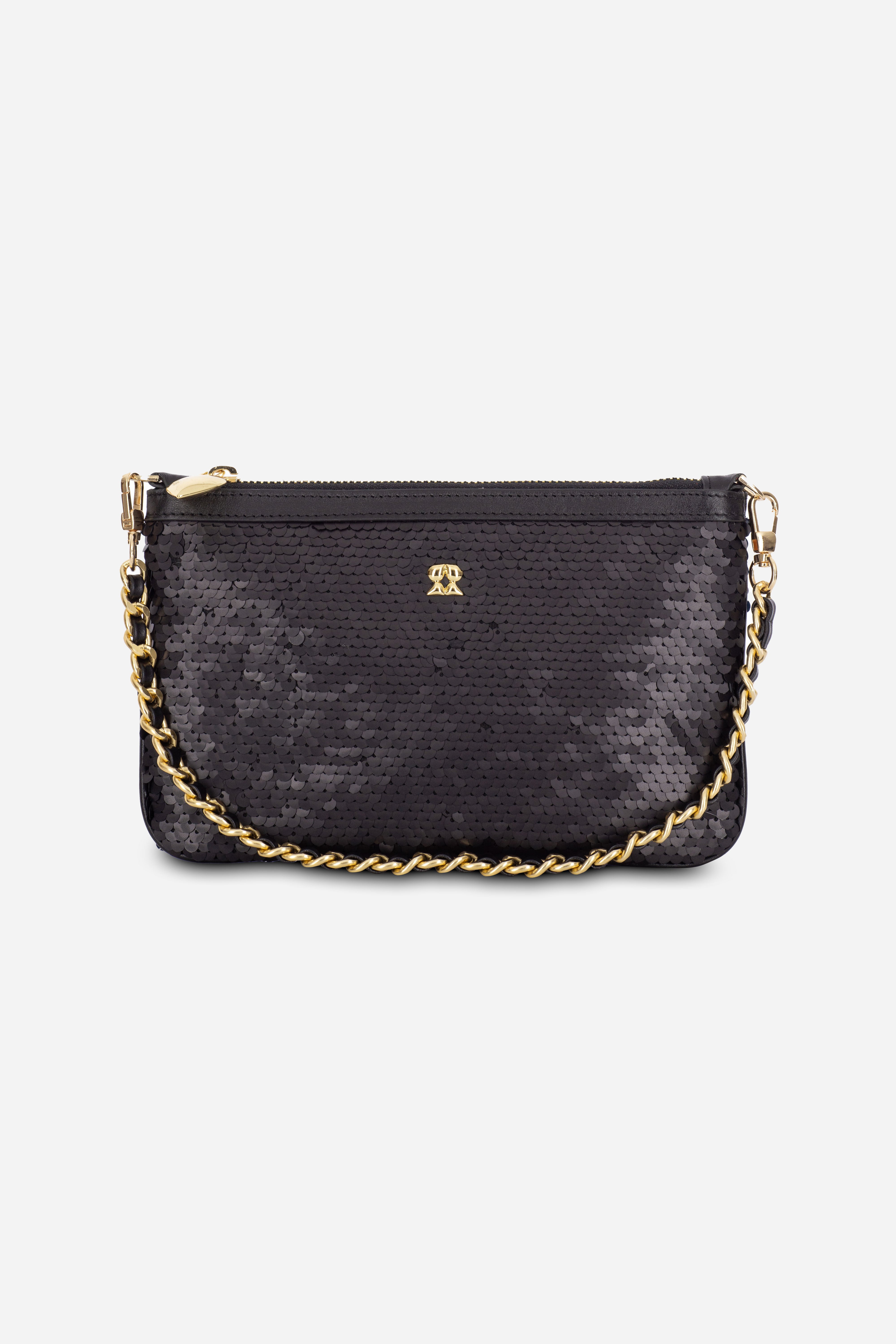 Rilu Kaia black sequin chain convertible clutch bag front view