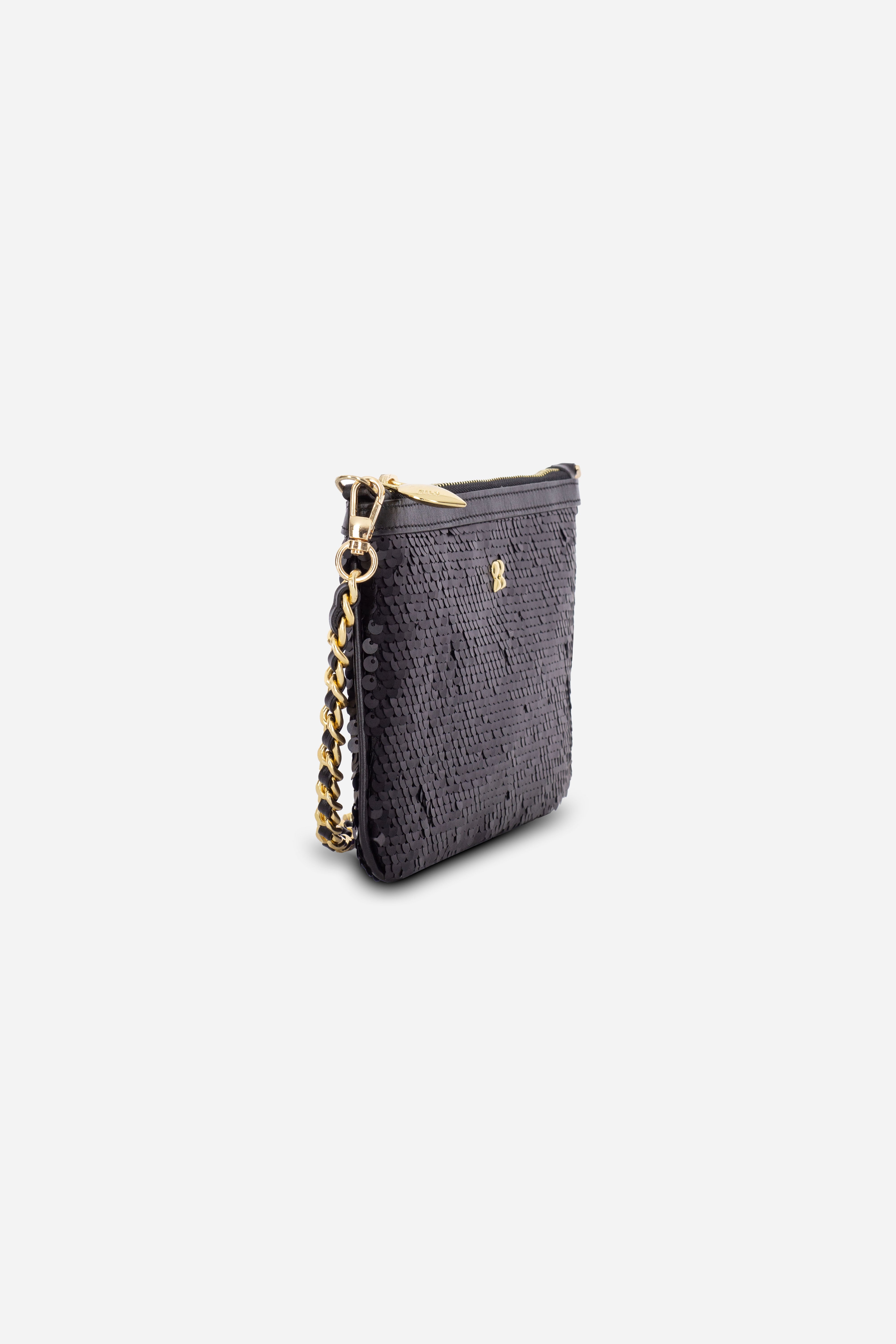 Rilu Kaia black sequin clutch side view showing chain handle