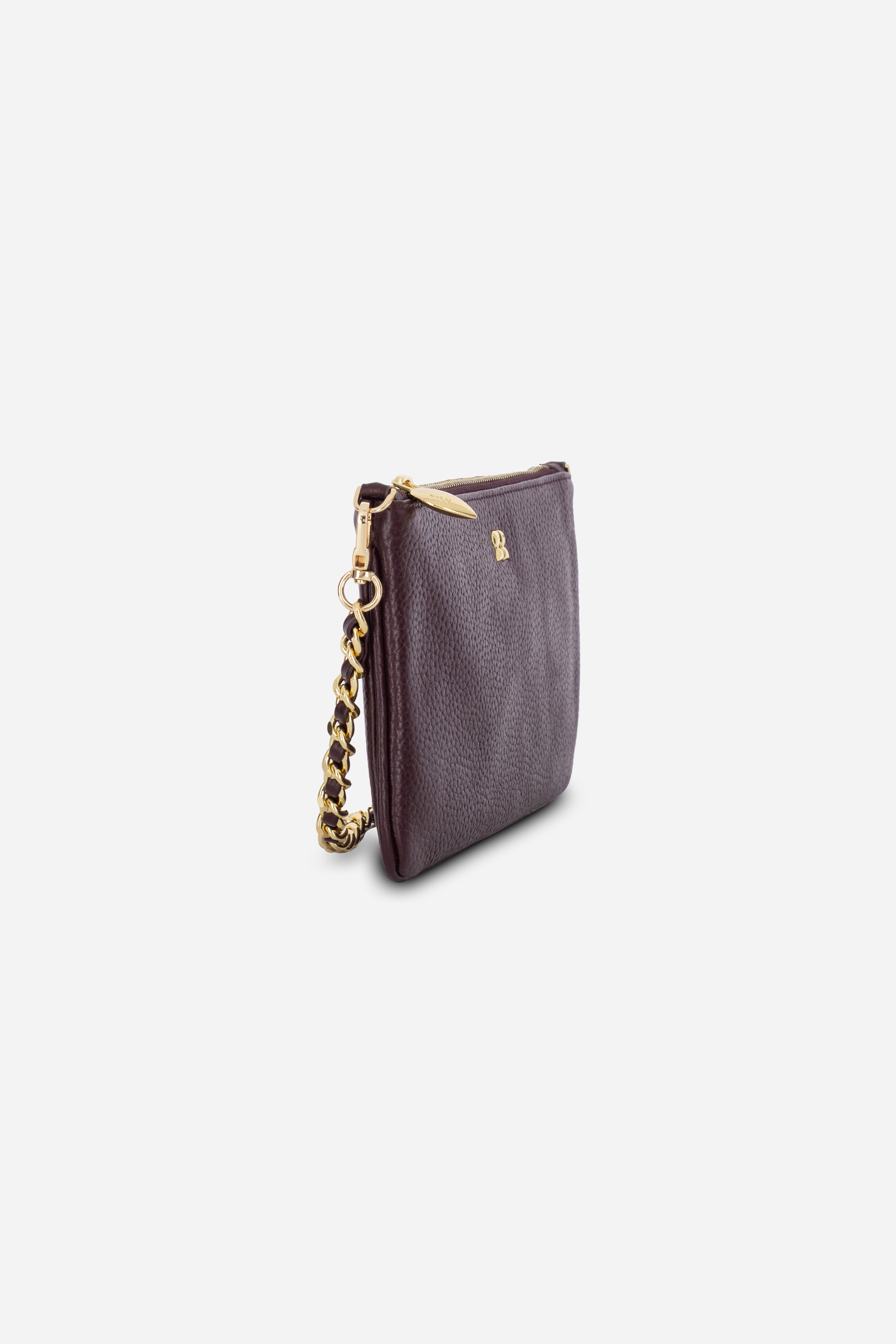 Rilu Kaia burgundy clutch side view showing chain-and-leather handle