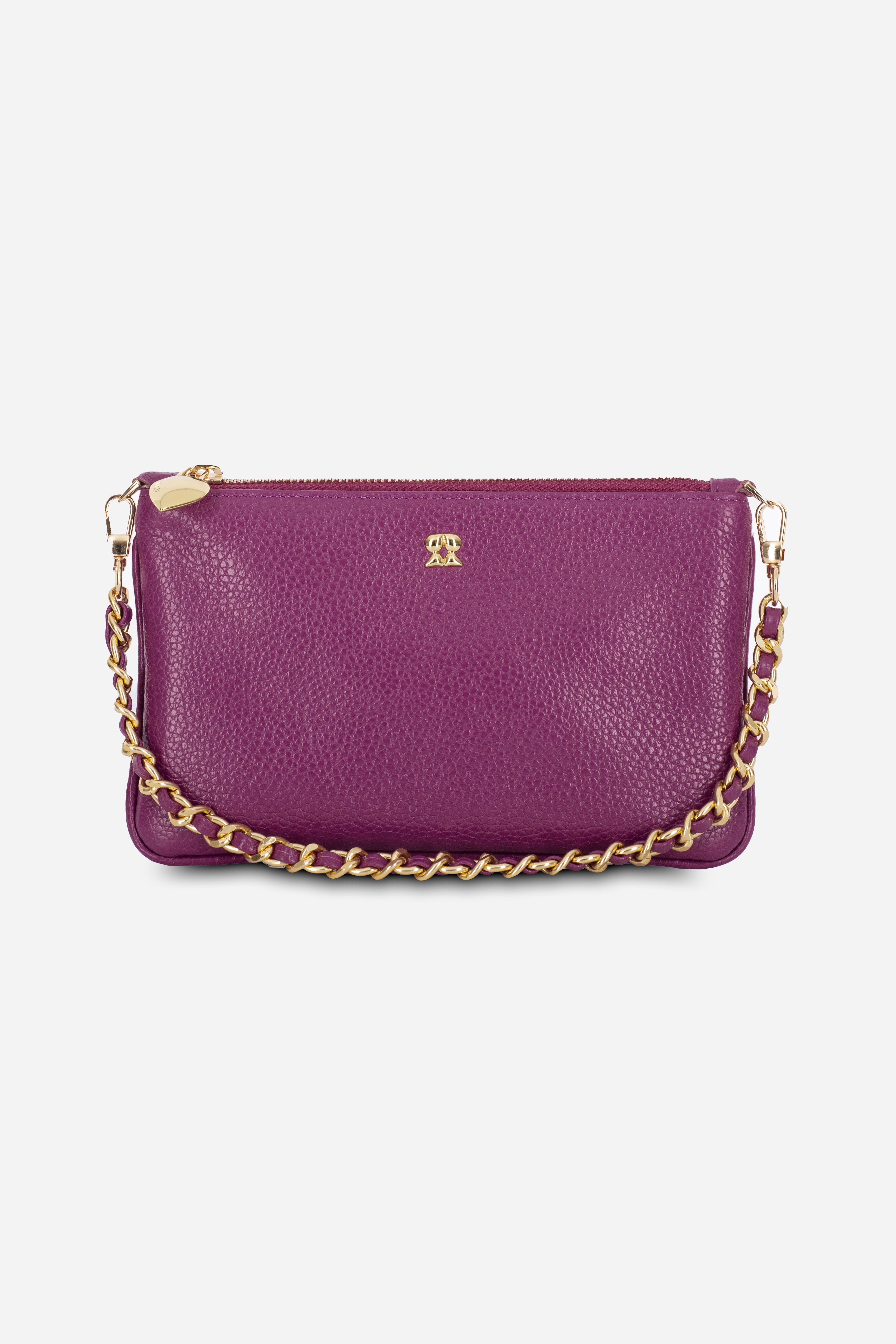 Rilu Kaia dark berry chain leather convertible clutch bag front view