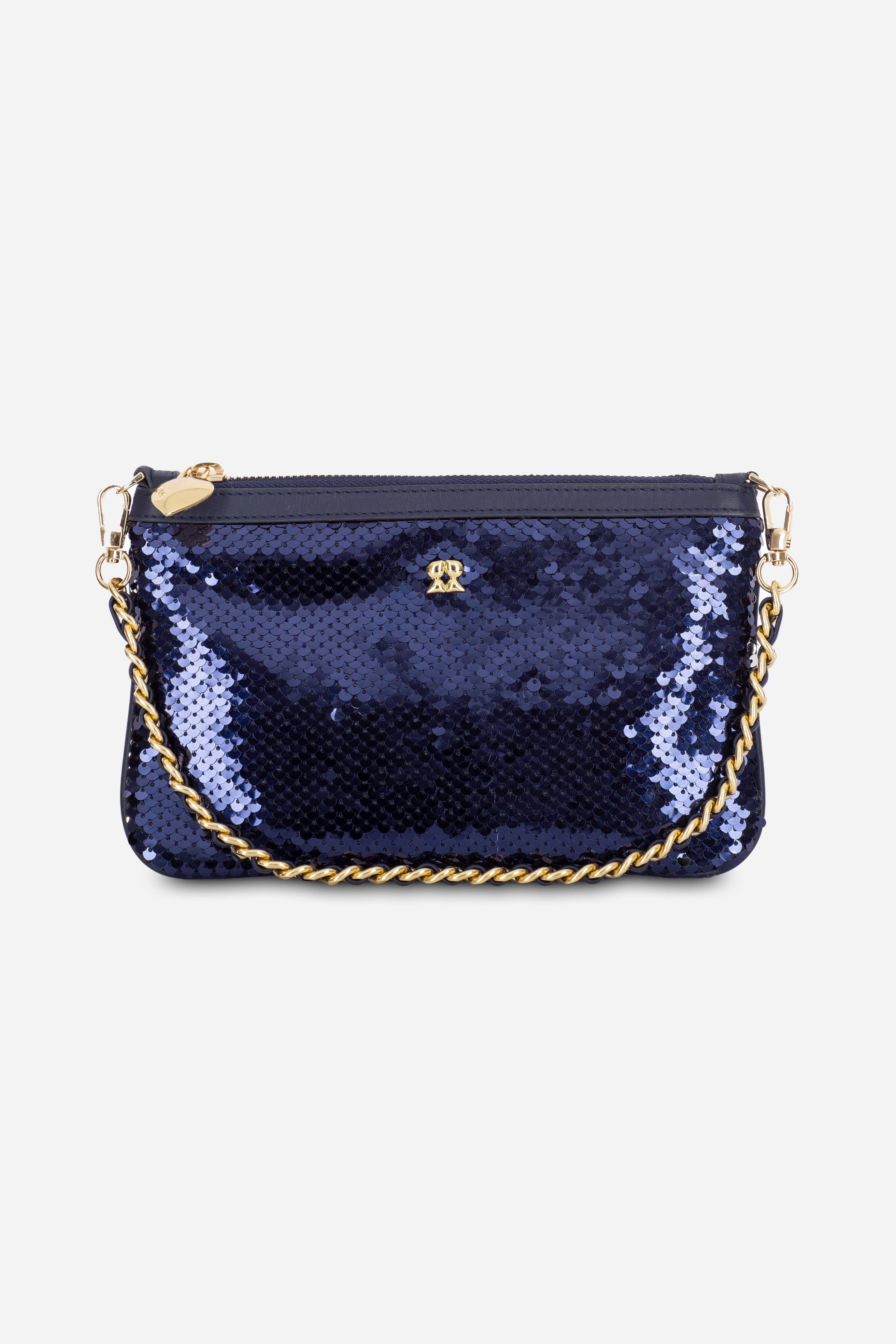 Rilu Kaia navy sequin chain convertible clutch bag front view