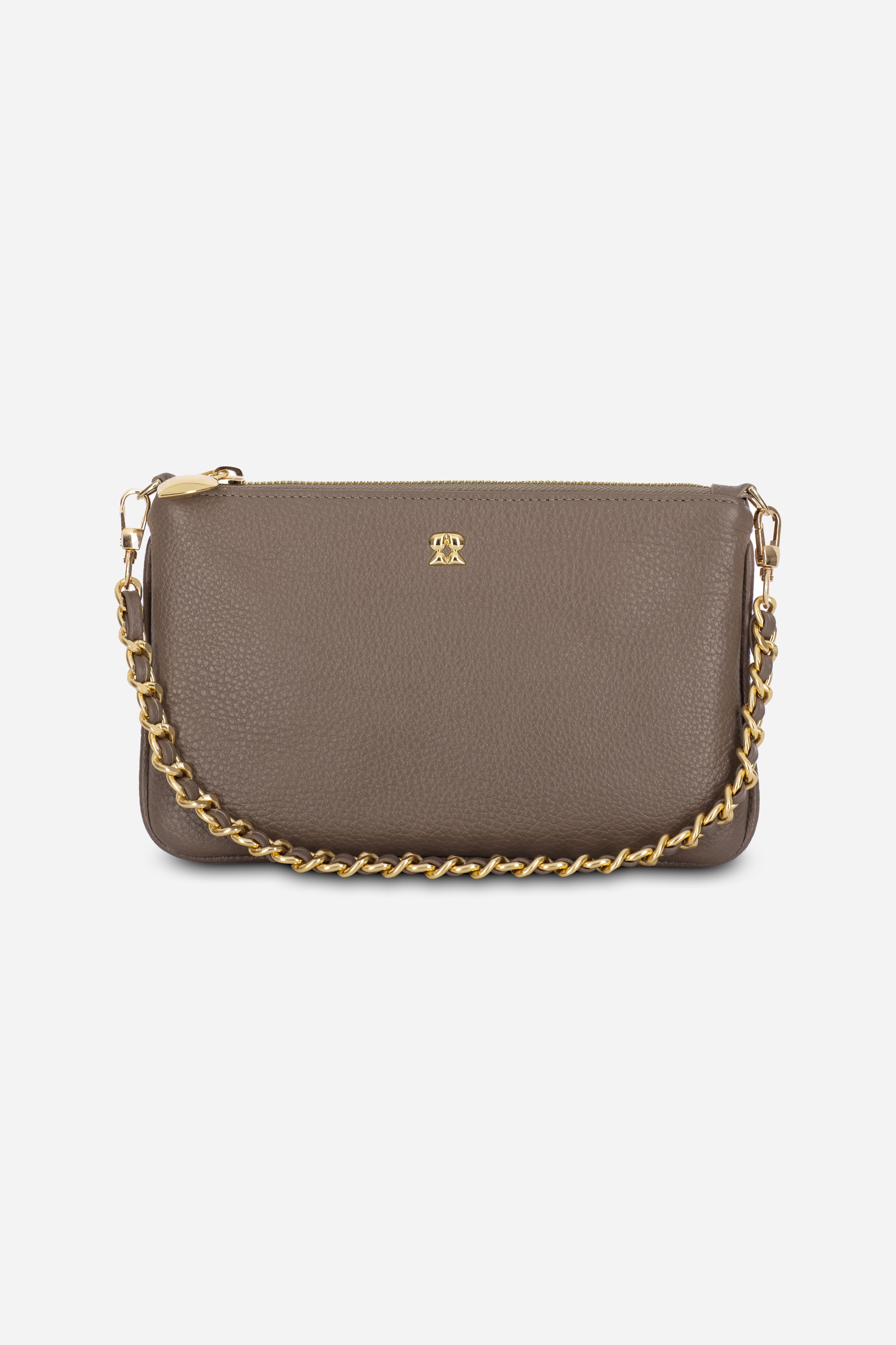 Rilu Kaia taupe chain leather convertible clutch bag front view