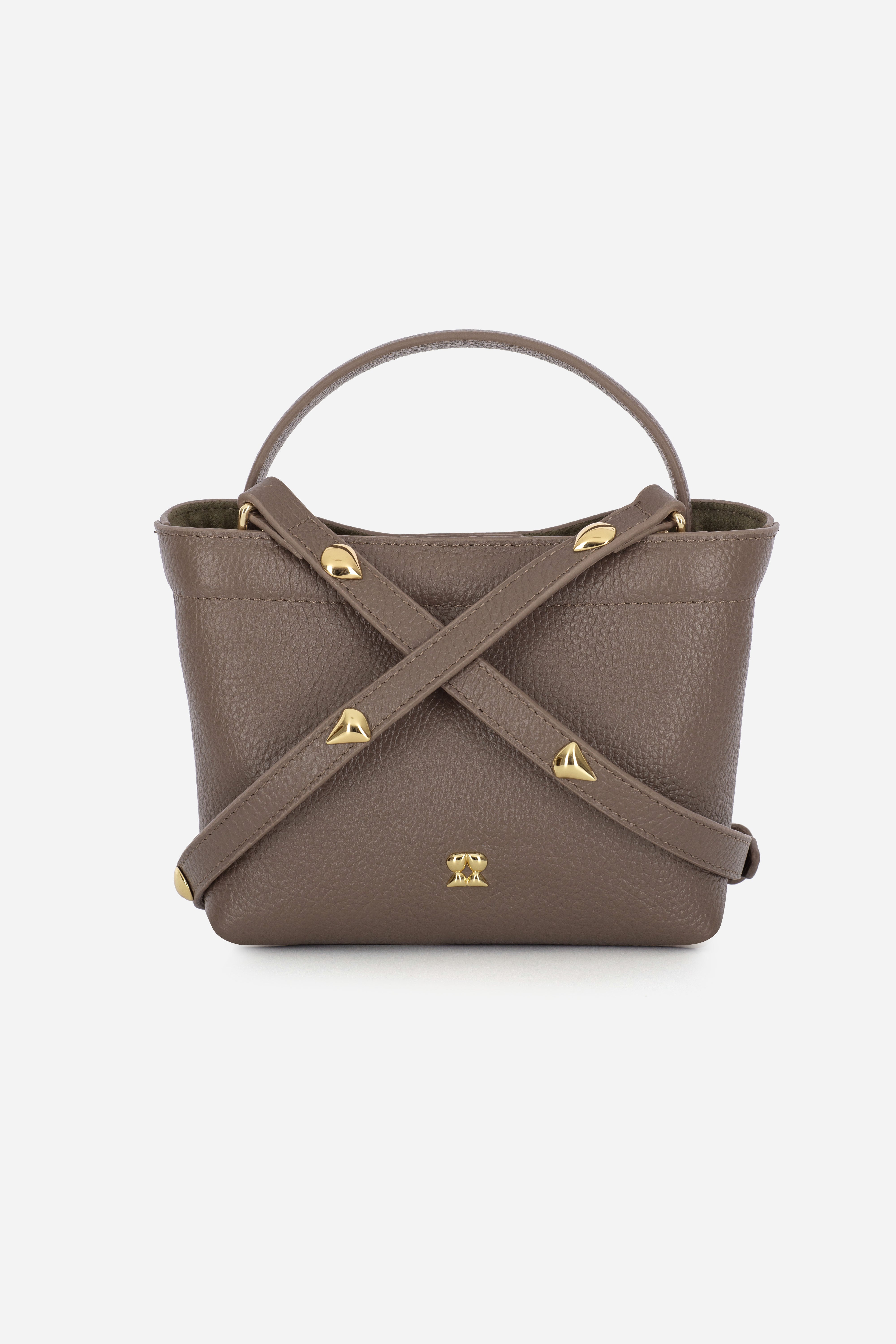 Front view of the Rilu LouLou Studded Taupe leather crossbody bag