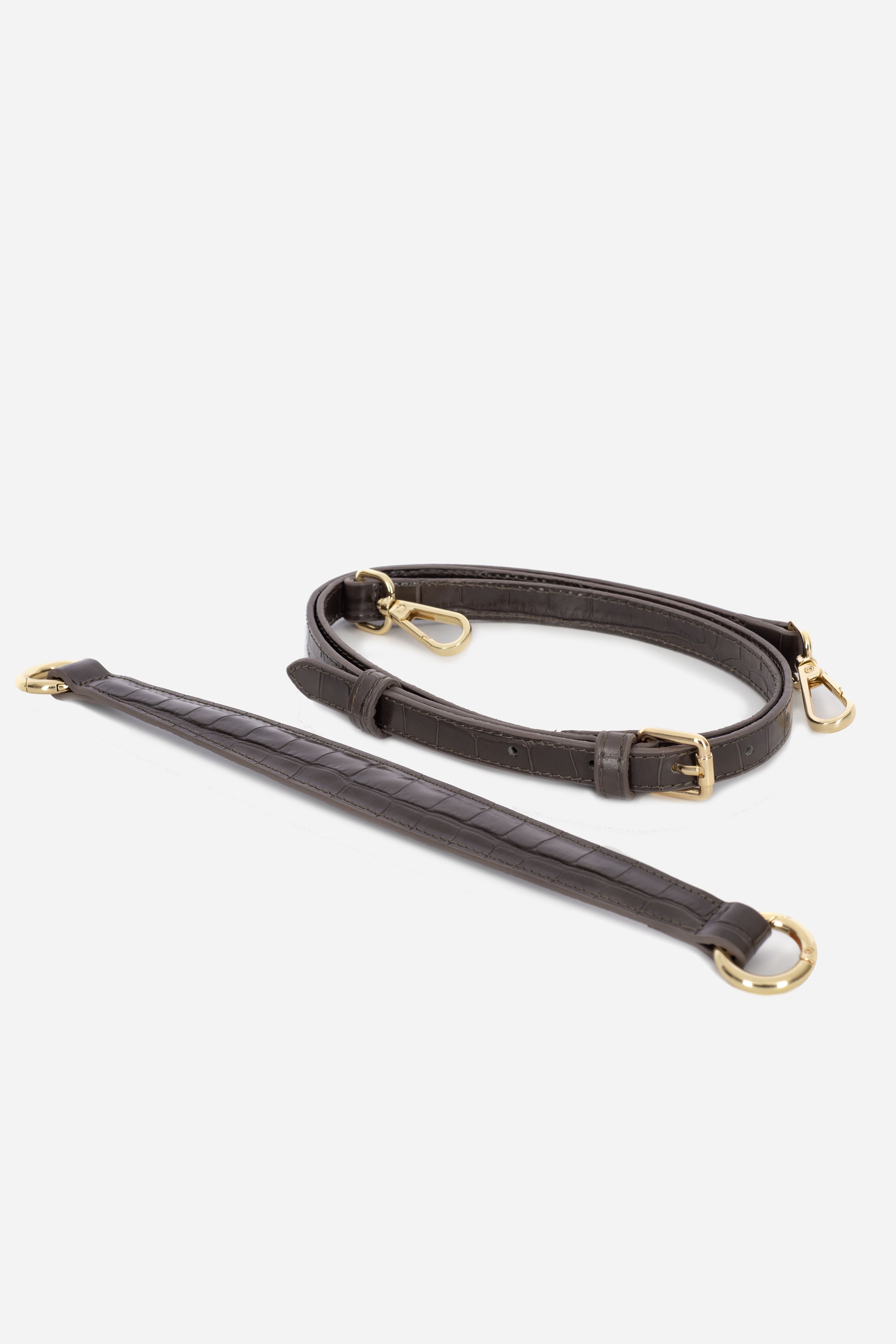 View of the Rilu LouLou Studded Taupe leather crossbody bag straps