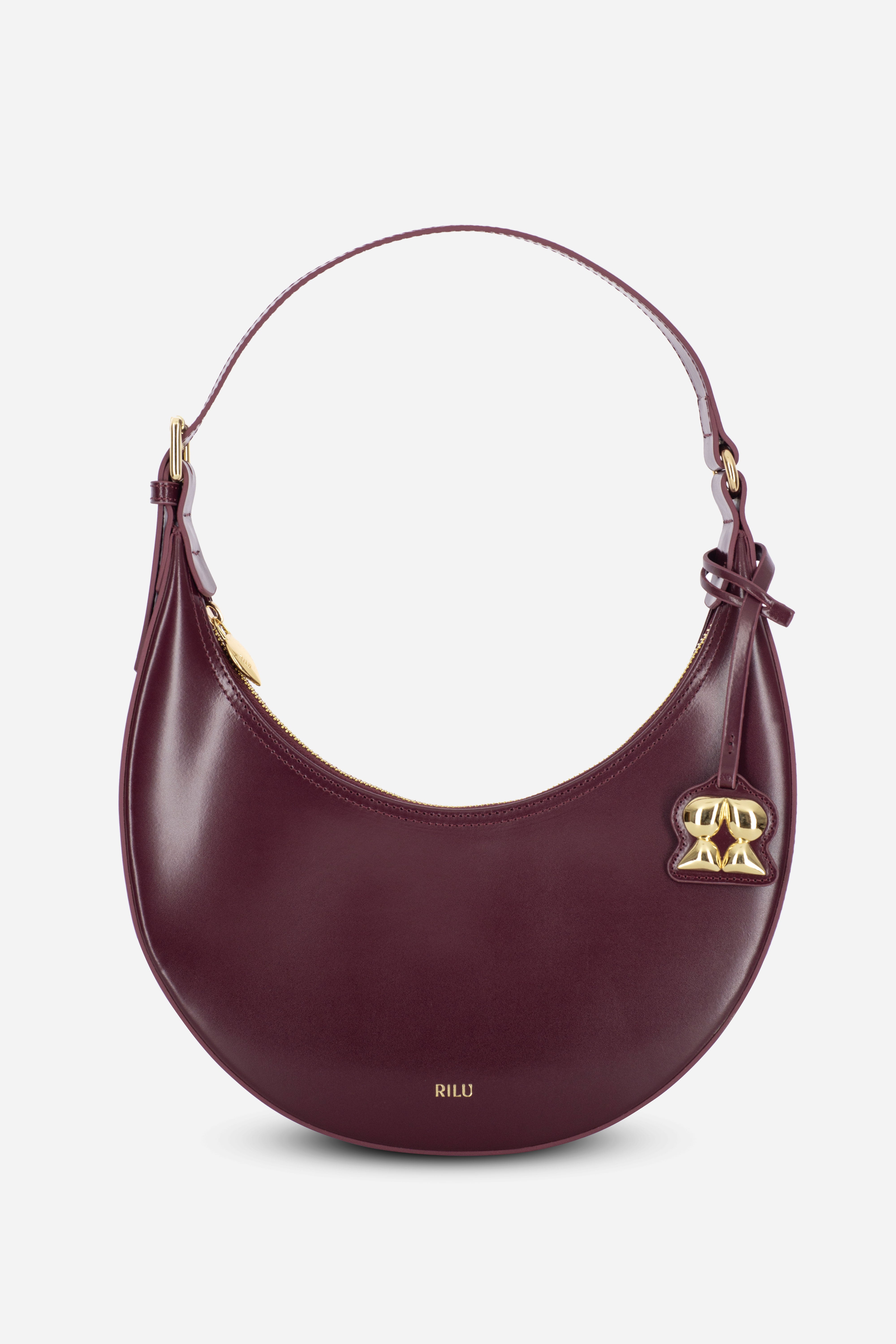 Rilu Luna burgundy leather curved shoulder bag front view