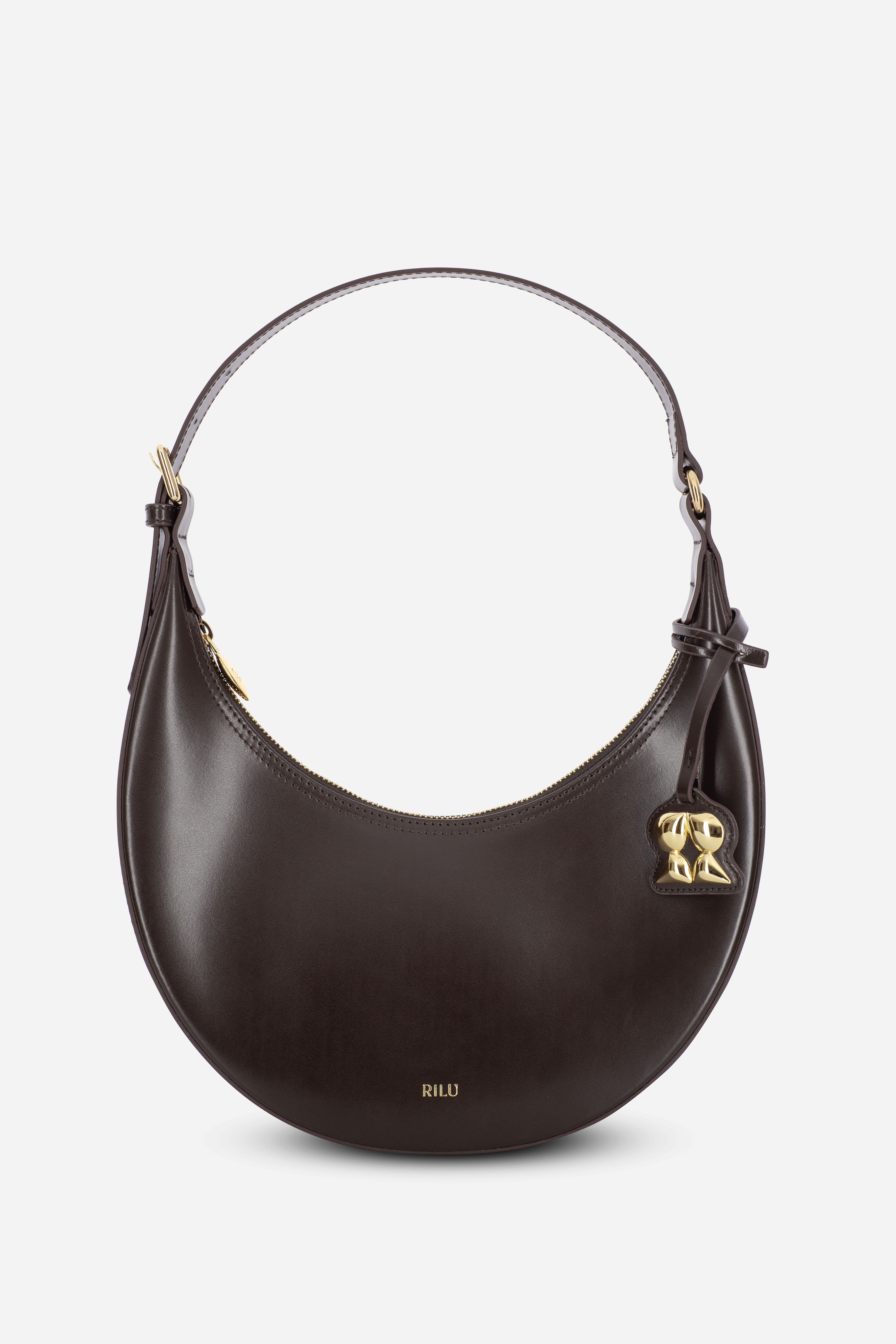 Rilu Luna espresso leather curved shoulder bag front view