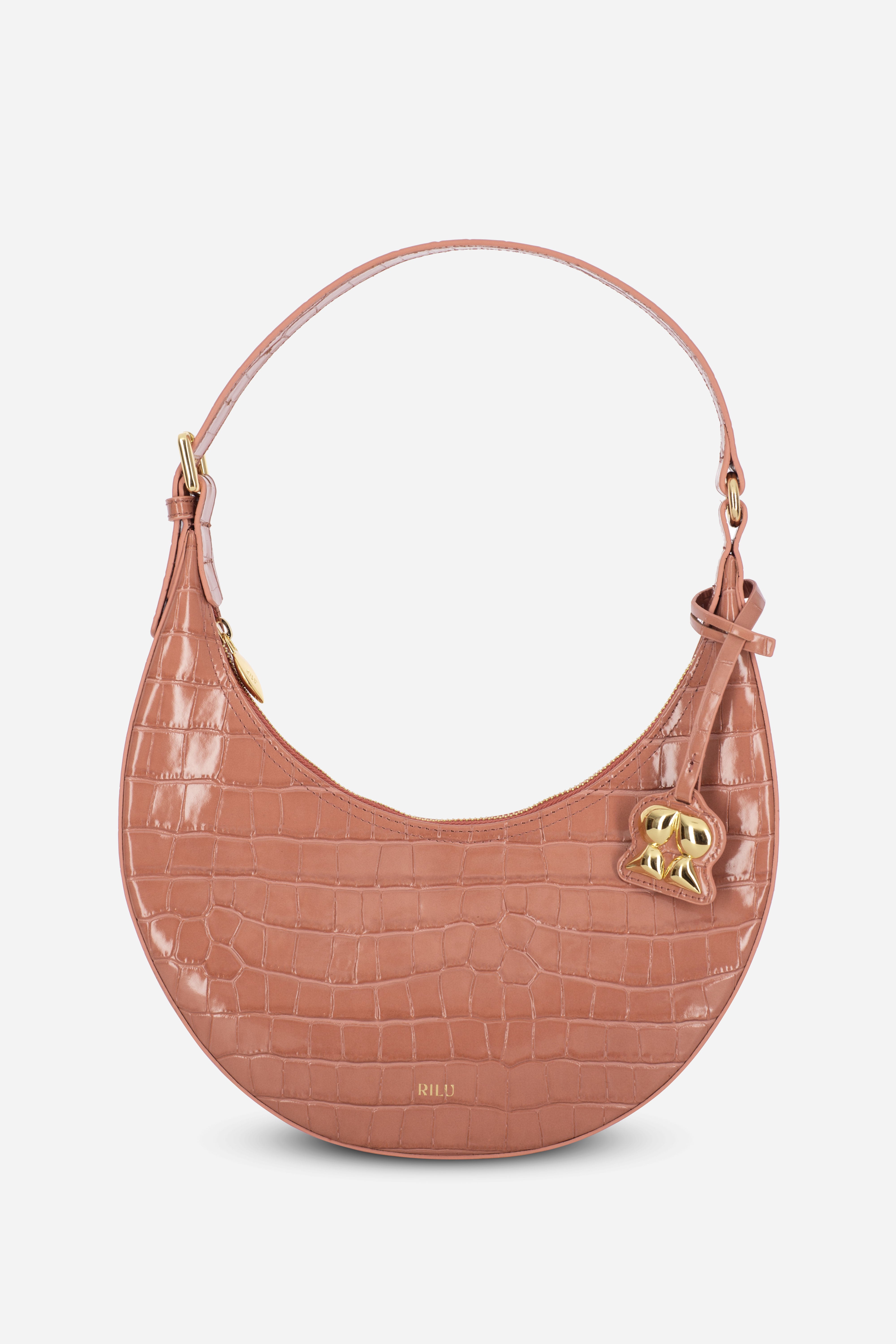 Rilu Luna salmon croco print leather curved shoulder bag front view