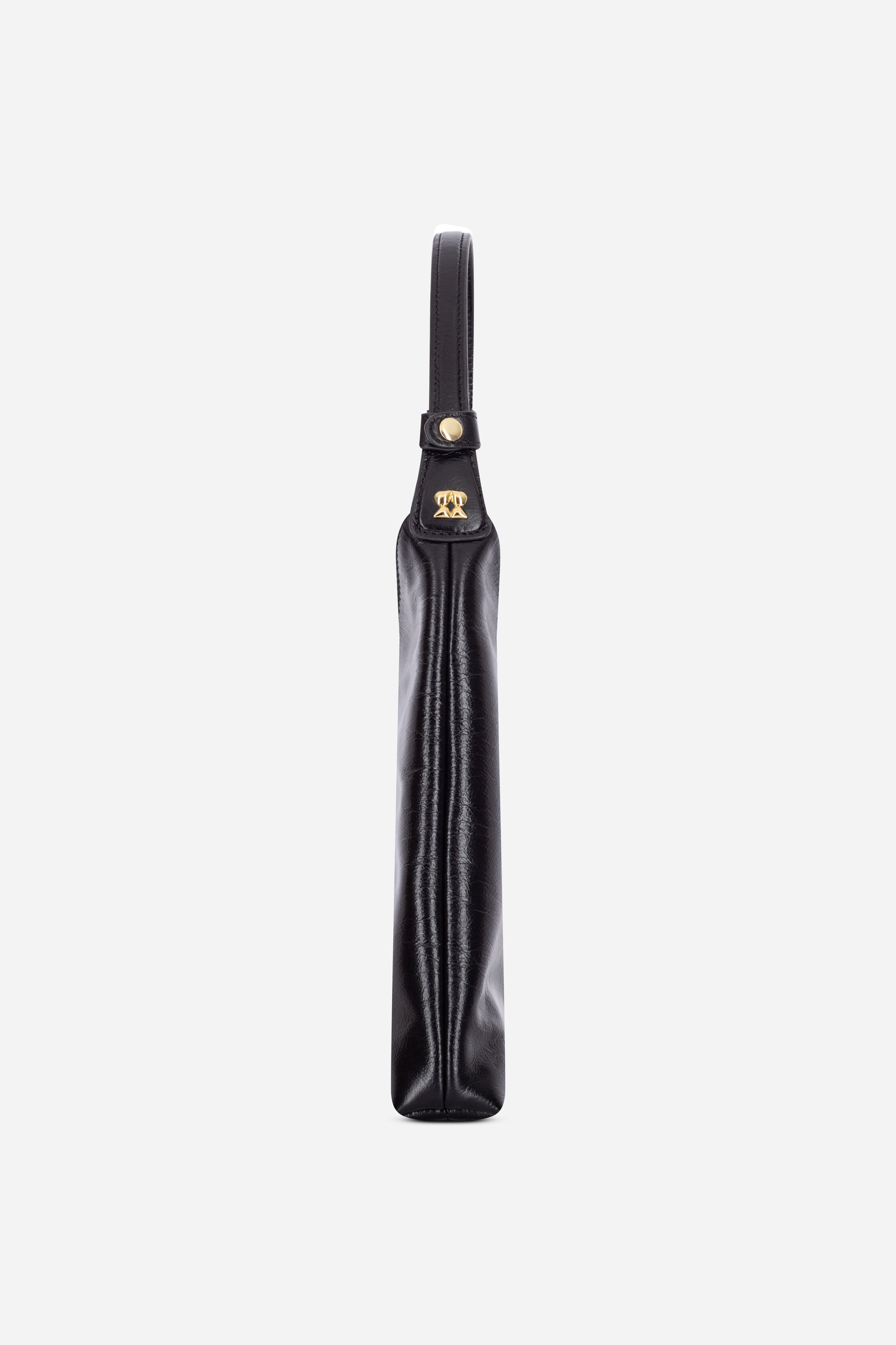 Angle view of the Rilu Lyra Black-Gold glossy leather shoulder bag