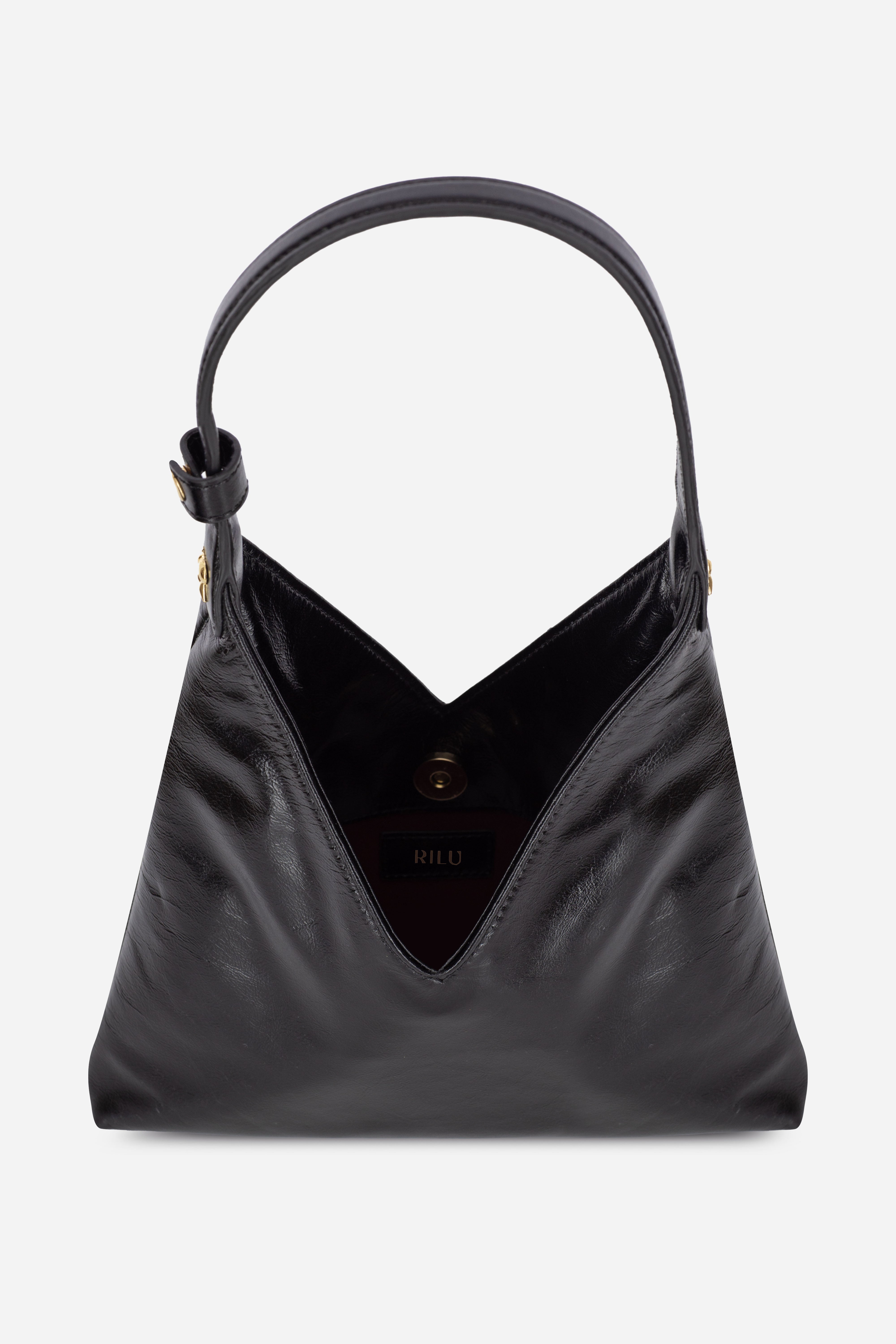 Back view of the Rilu Lyra Black-Gold leather shoulder bag